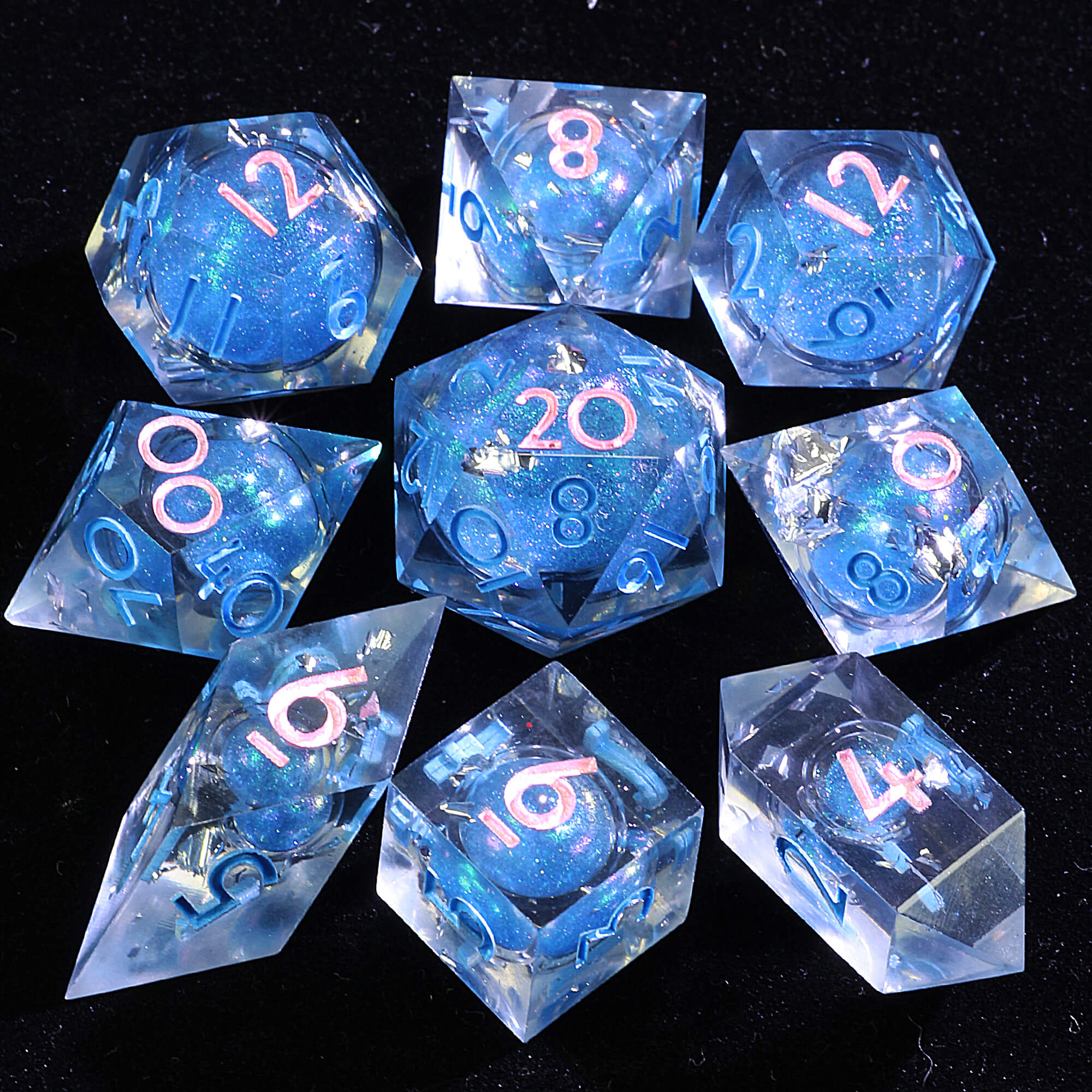 9 Polyhedral Resin Liquid Core Set of Dice DD Viridian Hex Tide - Dice of Dragons