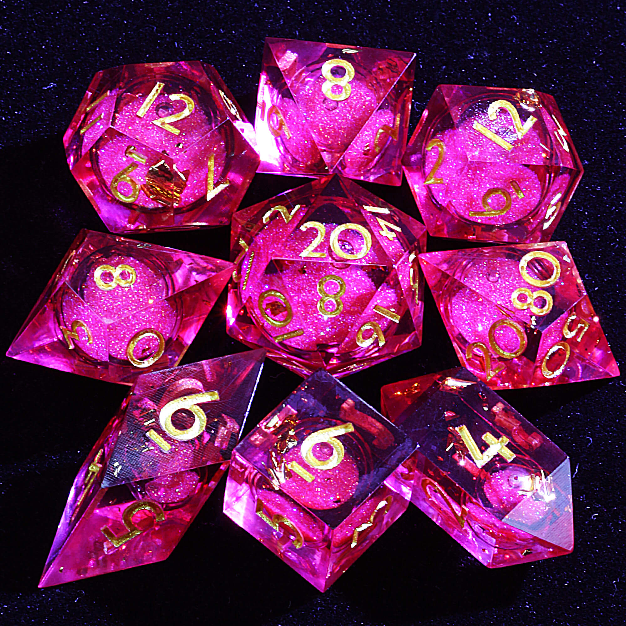 9 Polyhedral Resin Liquid Core Sets Dice D and D Crimson Sand Gold - Dice of Dragons