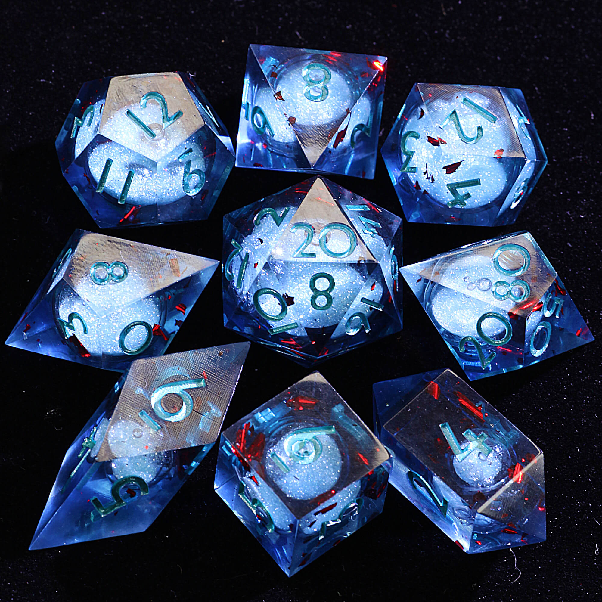 9 Polyhedral Resin Liquid Core Sets Dice D&D Azure Blood Tide - Dice of Dragons