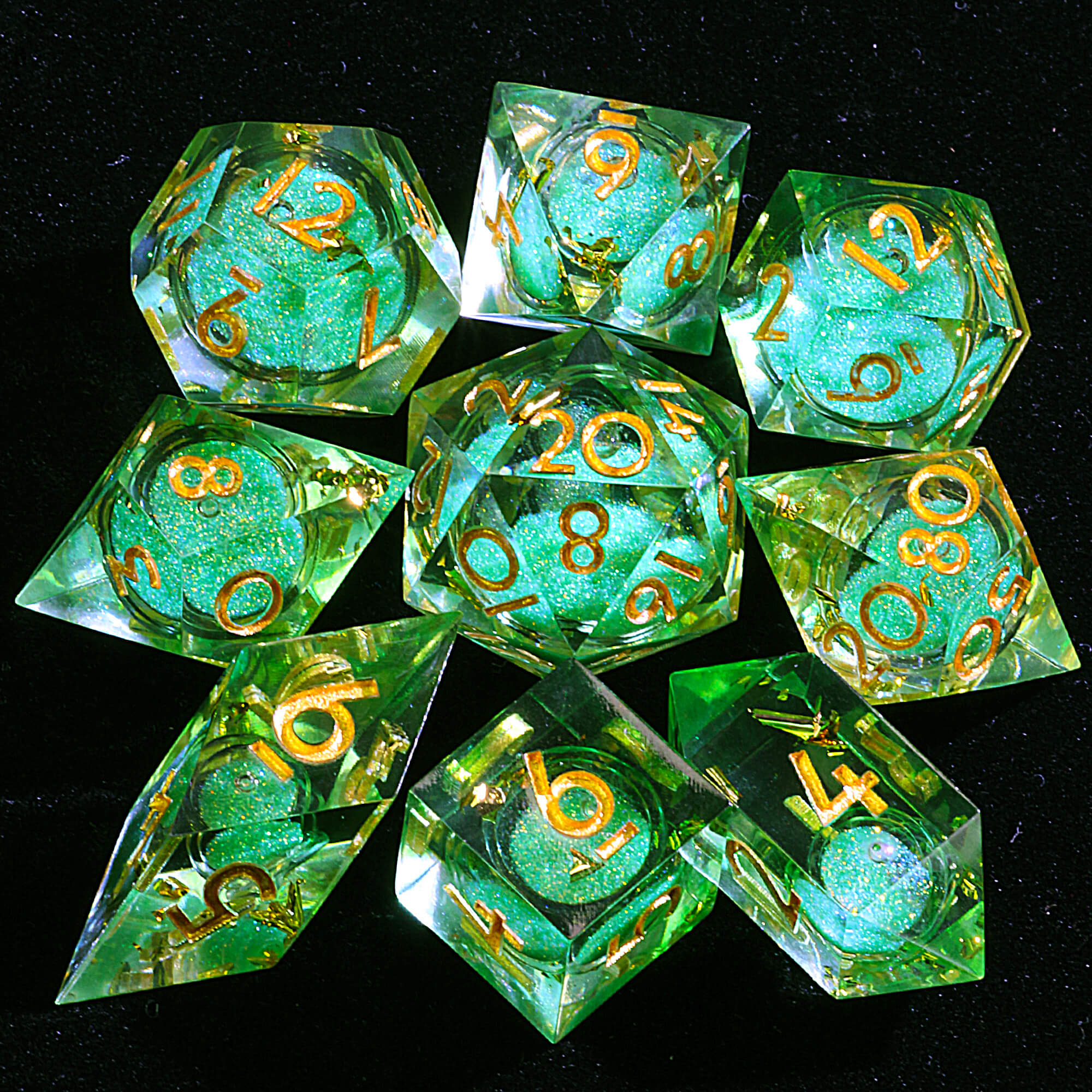 9 Polyhedral Resin Liquid Core Sets Dice D&D Jade Sand Gold - Dice of Dragons