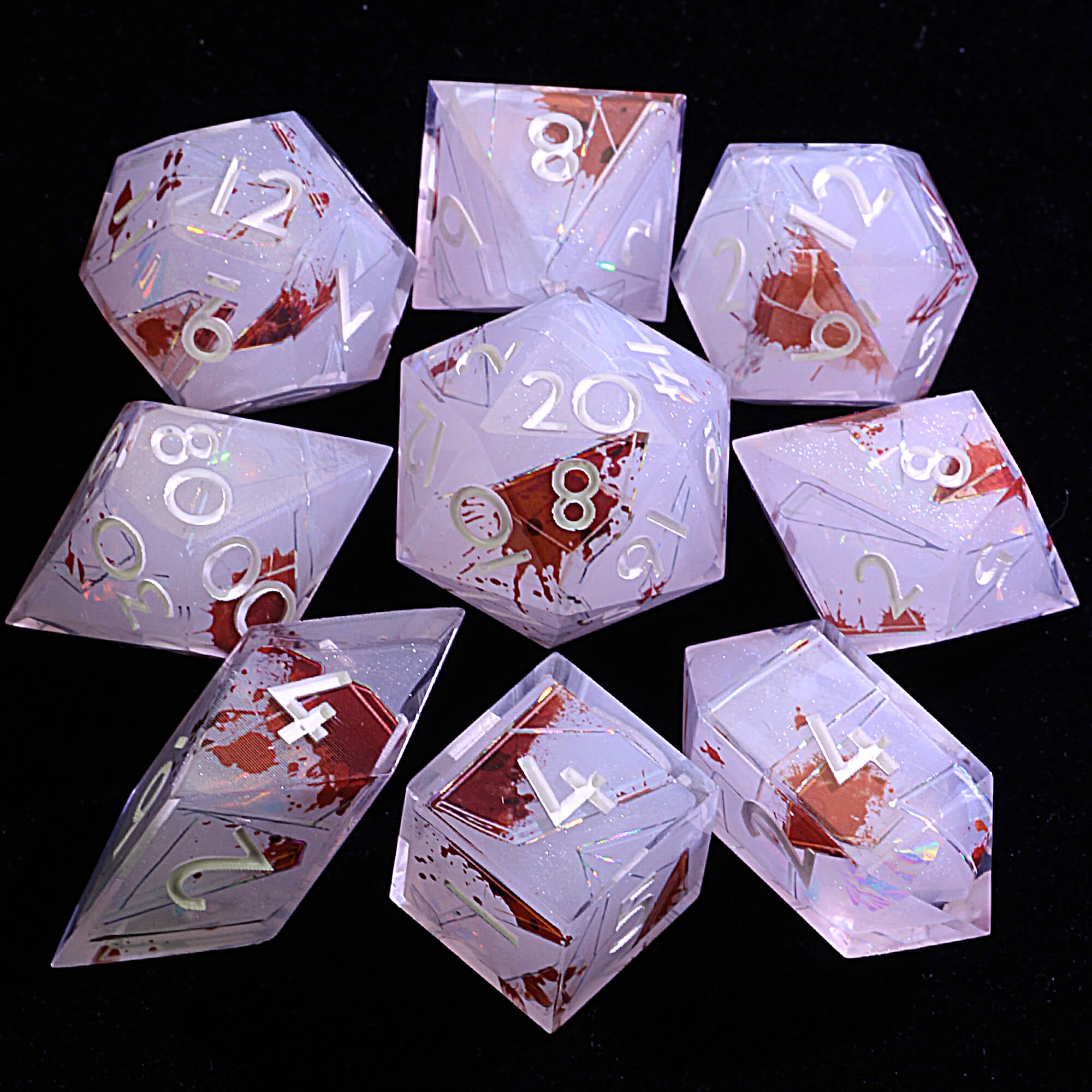 9 Polyhedral Resin Set D and D Dice Broken Blood Glass - Dice of Dragons