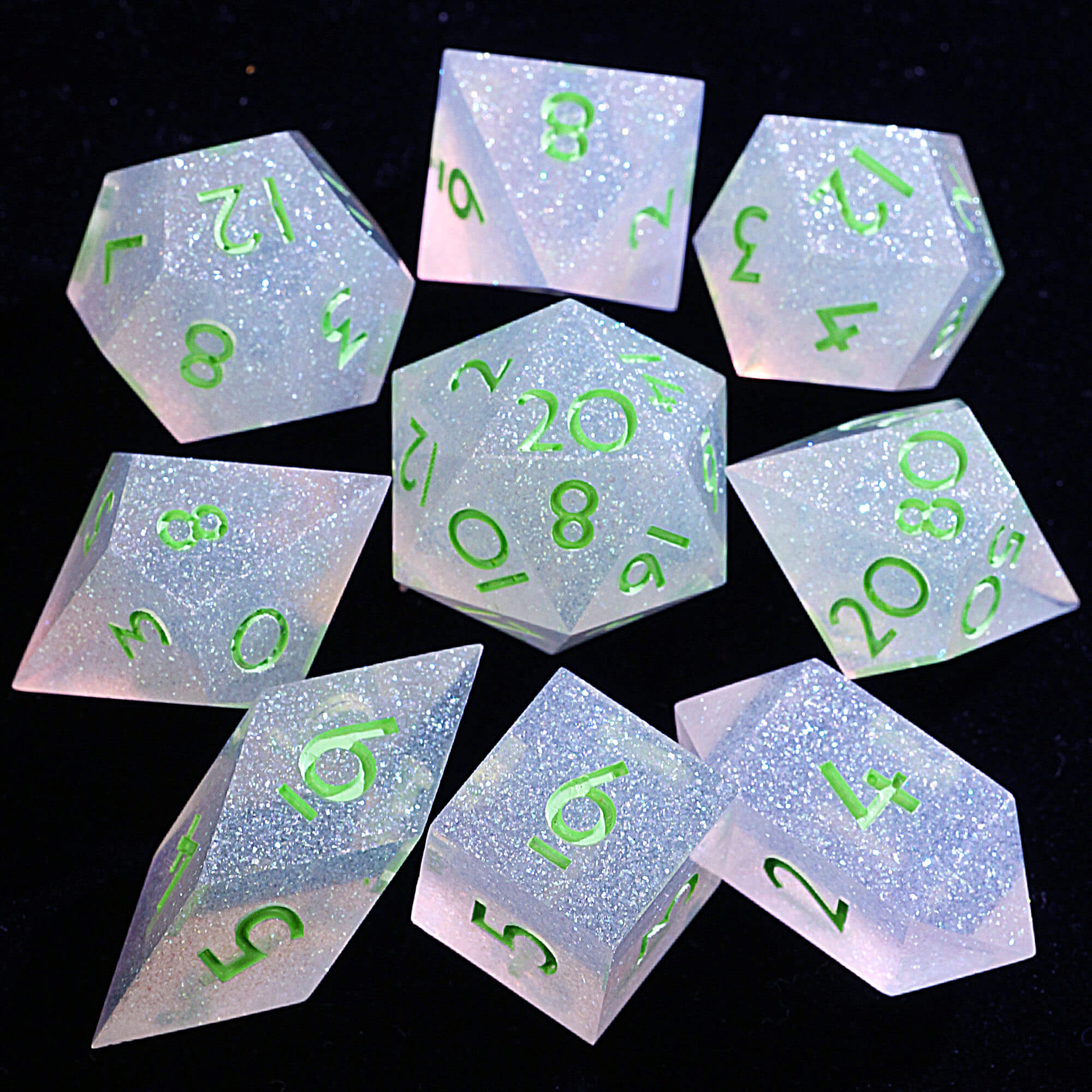 9 Polyhedral Resin Set Dice D and D Dreamy Star River Green - Dice of Dragons
