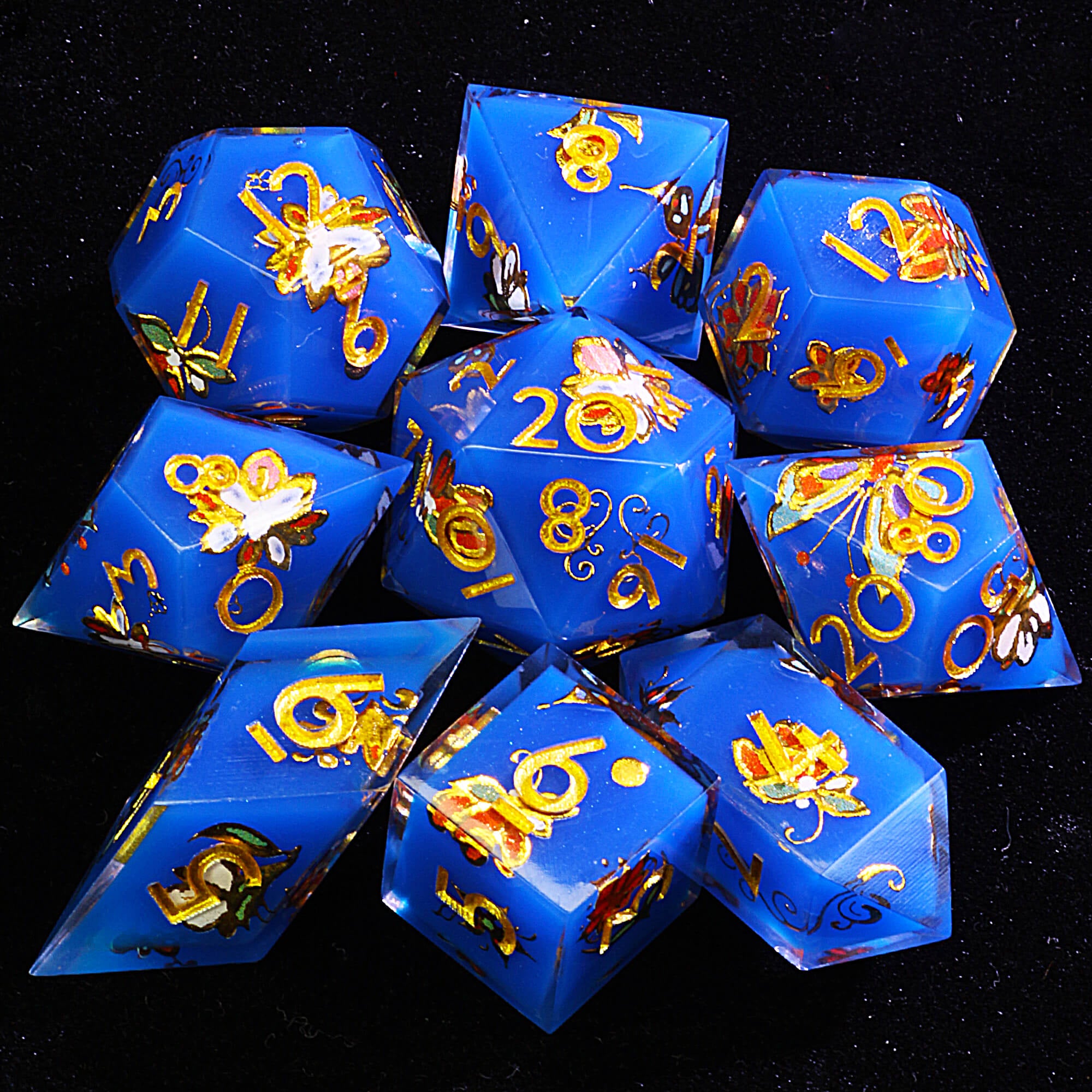 9 Polyhedral Resin Set D&D Dice Azure Rose Garden