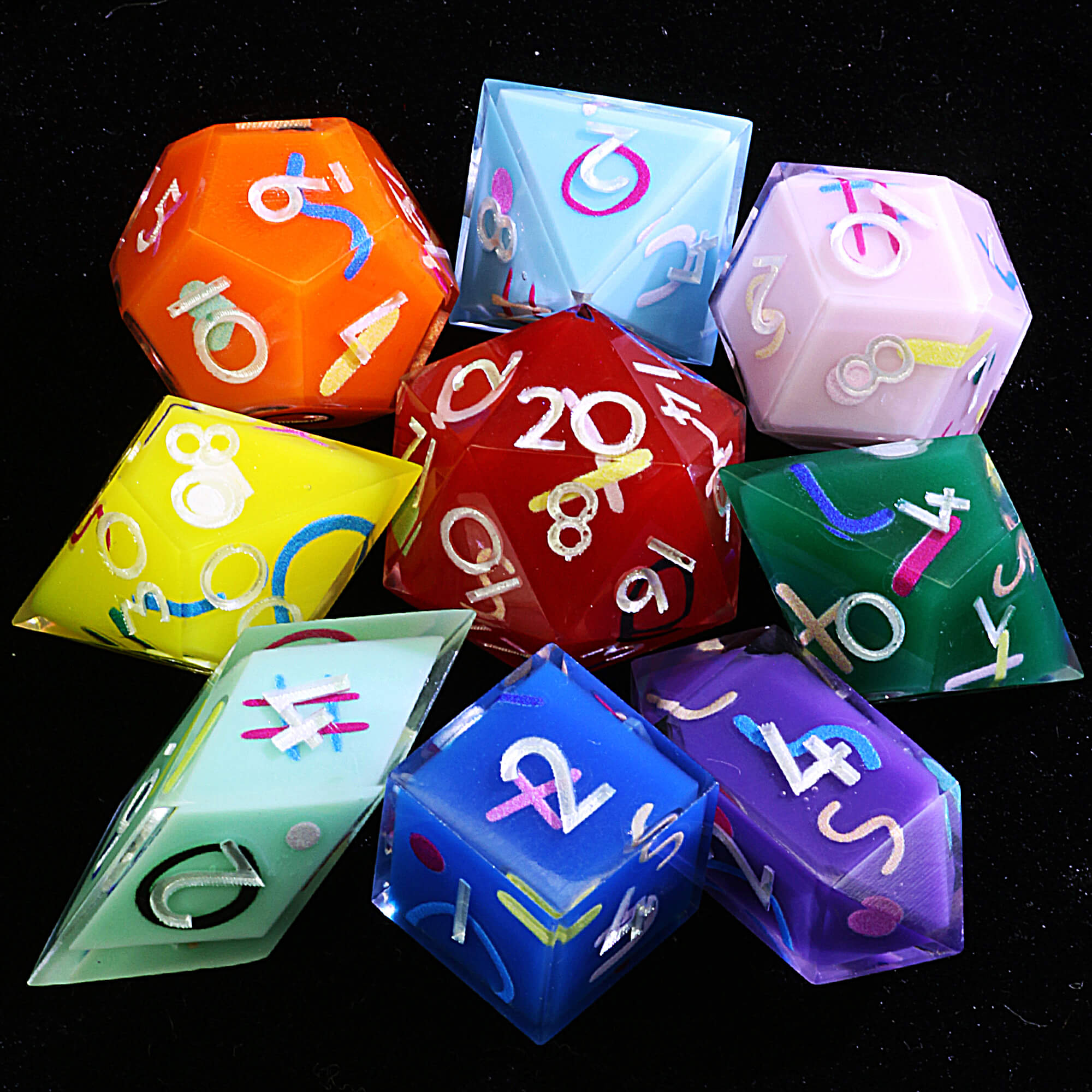 9 Polyhedral Resin Set of D and D Dice Candy Chaos