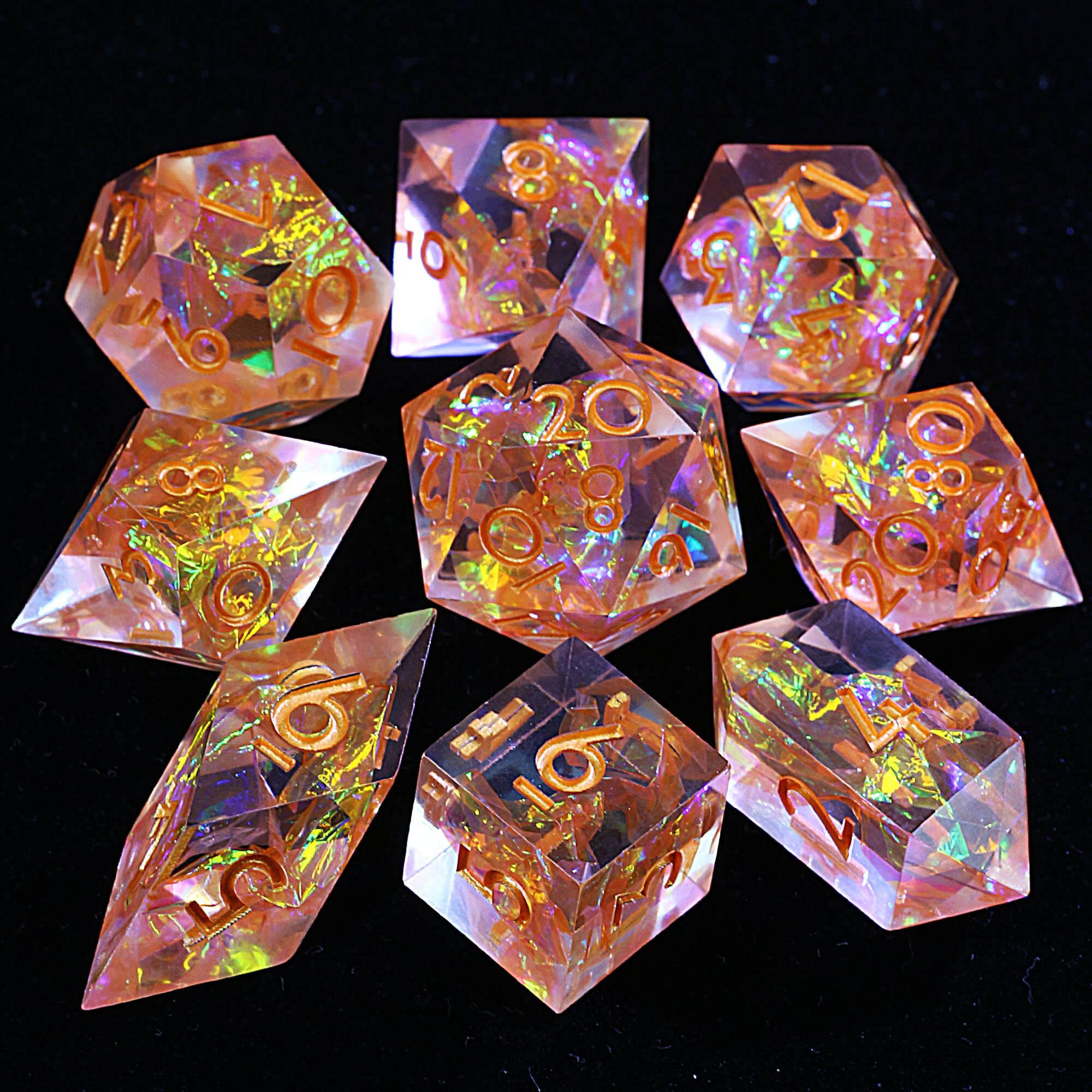 9 Polyhedral Resin Set of Dice DD Ember Holograph - Dice of Dragons