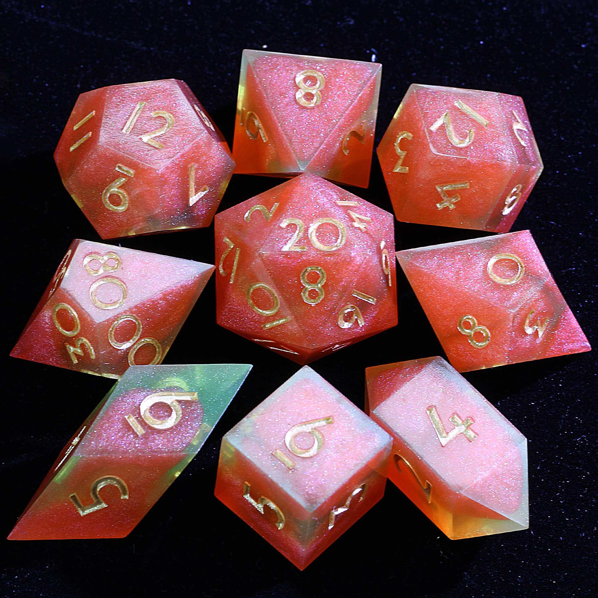 9 Polyhedral Resin Set of Dice D&D Viridian Ember - Dice of Dragons