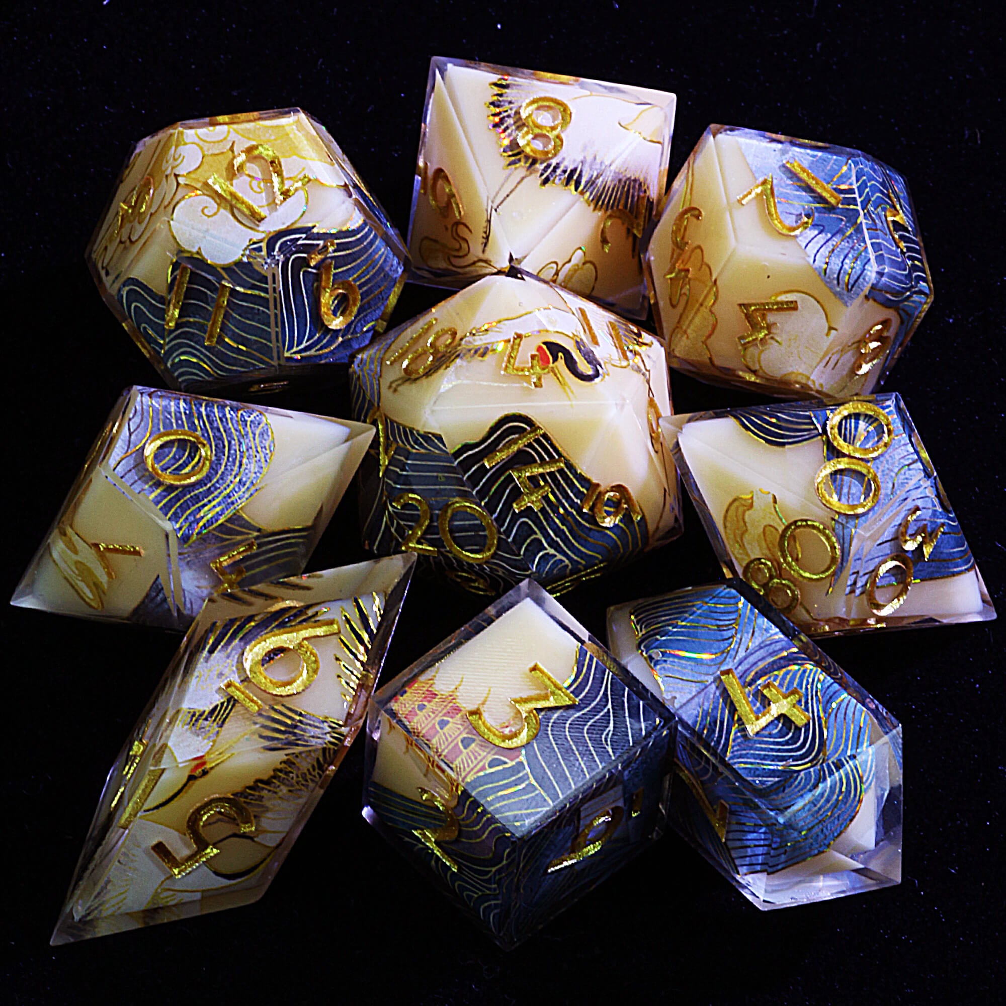 9 Polyhedral Resin Set of DnD Dice Celestial Tides