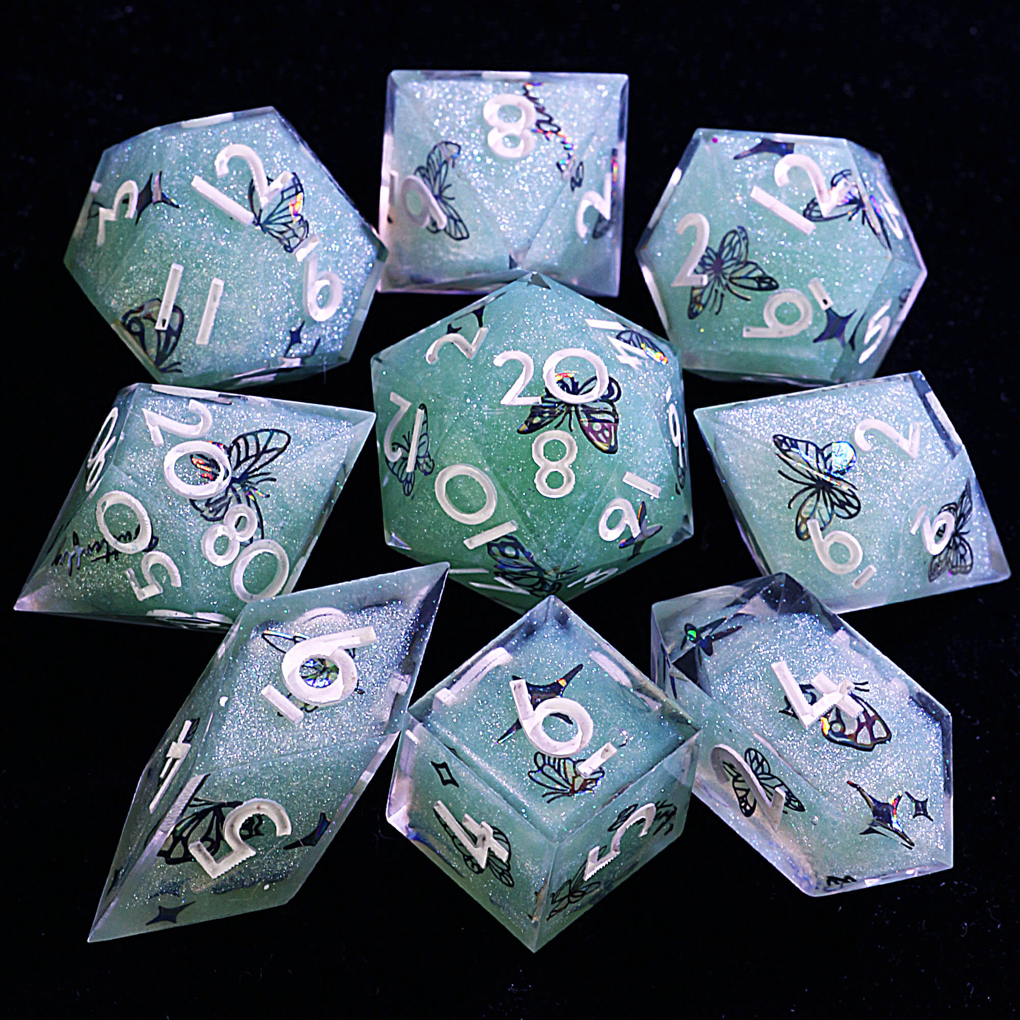 9 Polyhedral Resin Sets Dice D and D Teal Vortex Lepidoptera - Dice of Dragons