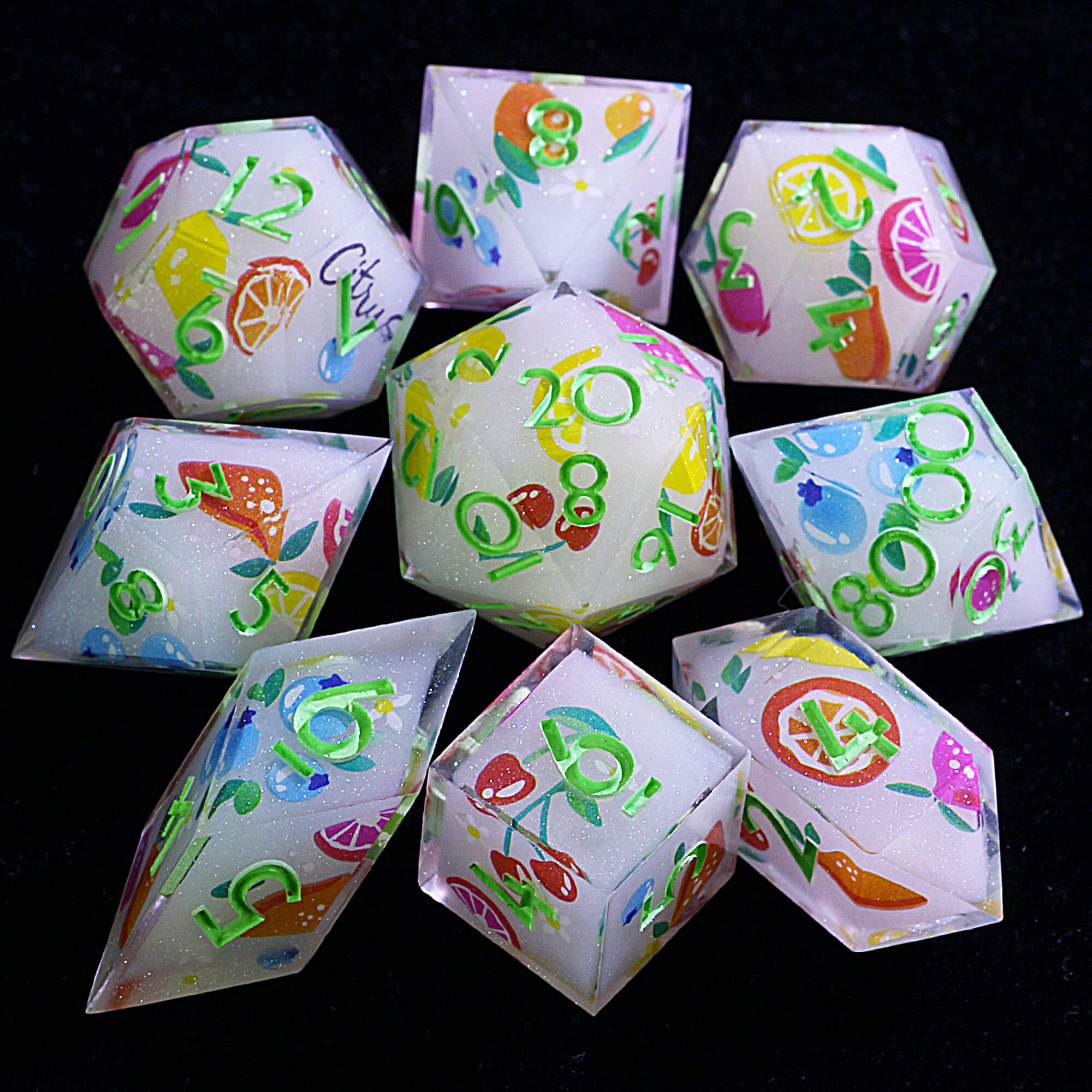9 Polyhedral Resin Sets Dice DD Rainbow Fruit Feast - Dice of Dragons