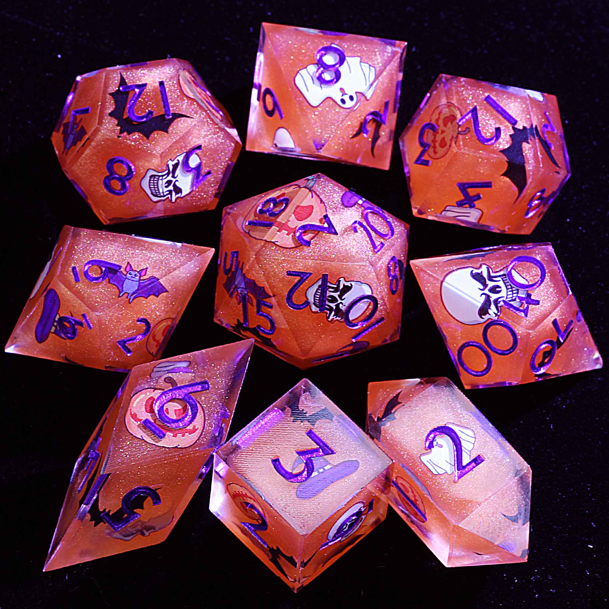Halloween 9 Polyhedral Resin Sets Dice D&D Grinning Ember Bat - Dice of Dragons