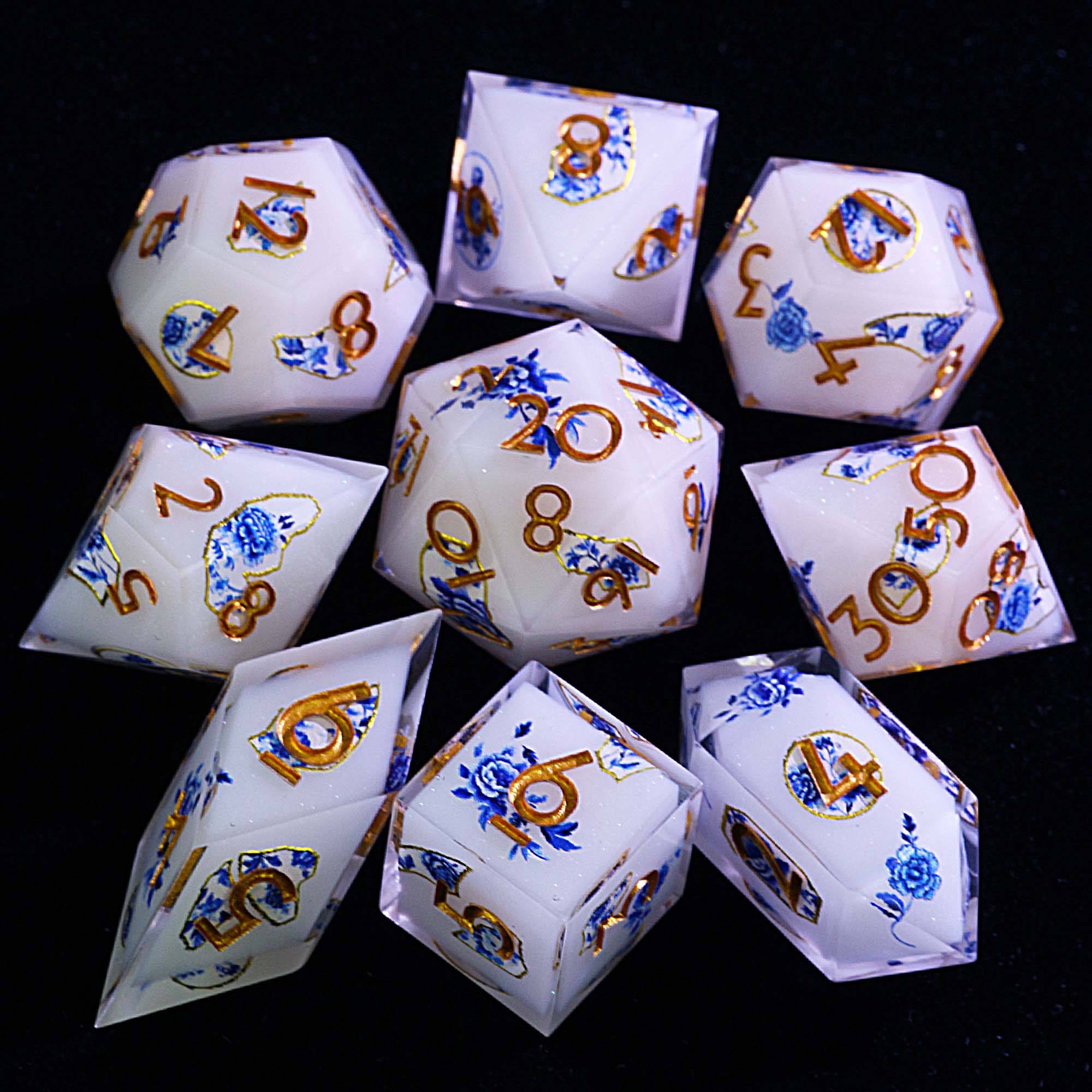 9 Polyhedral Resin Sets D&D Dice Gilded Blue and White
