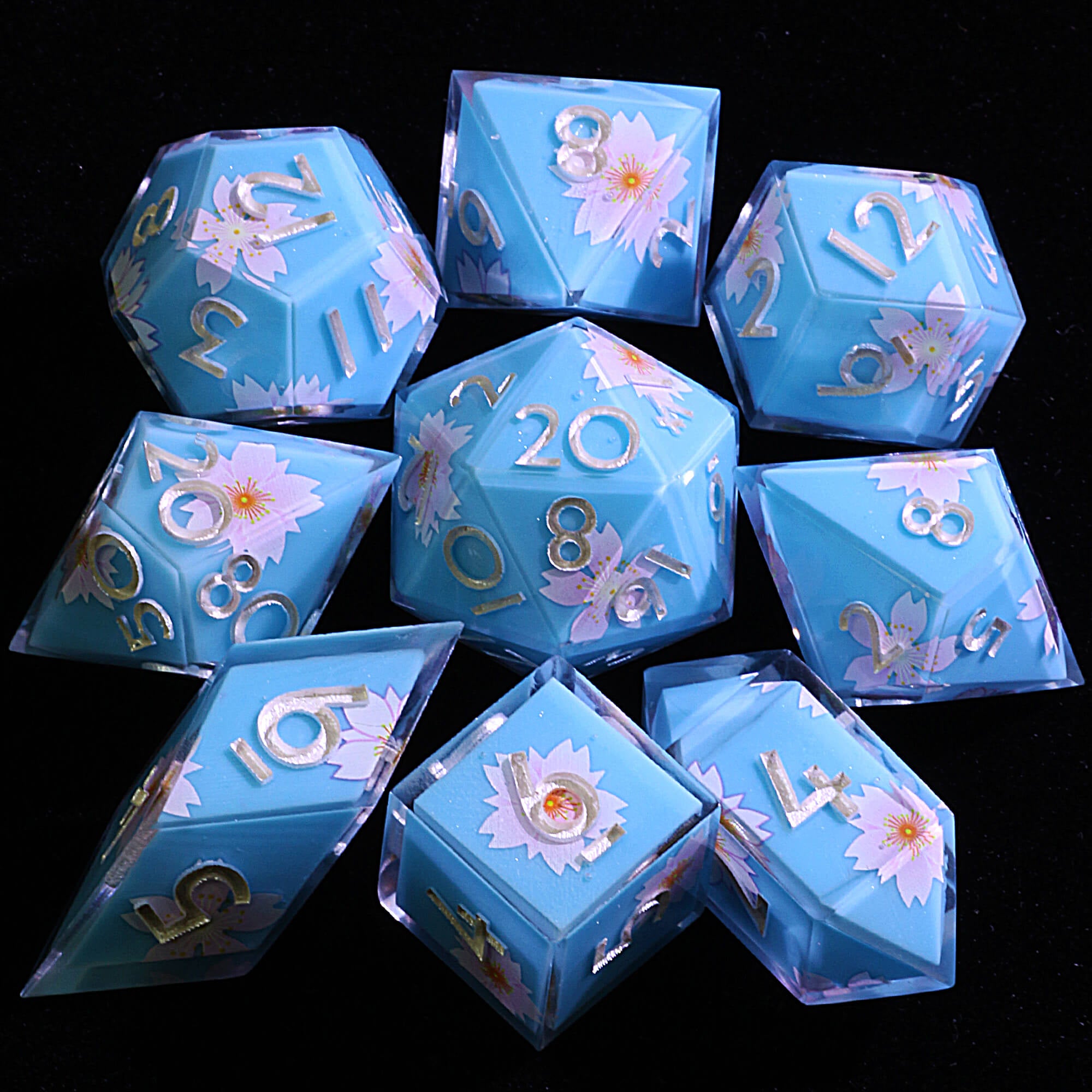 9 Polyhedral Resin Sets of Dice DD Azure Bloom - Dice of Dragons