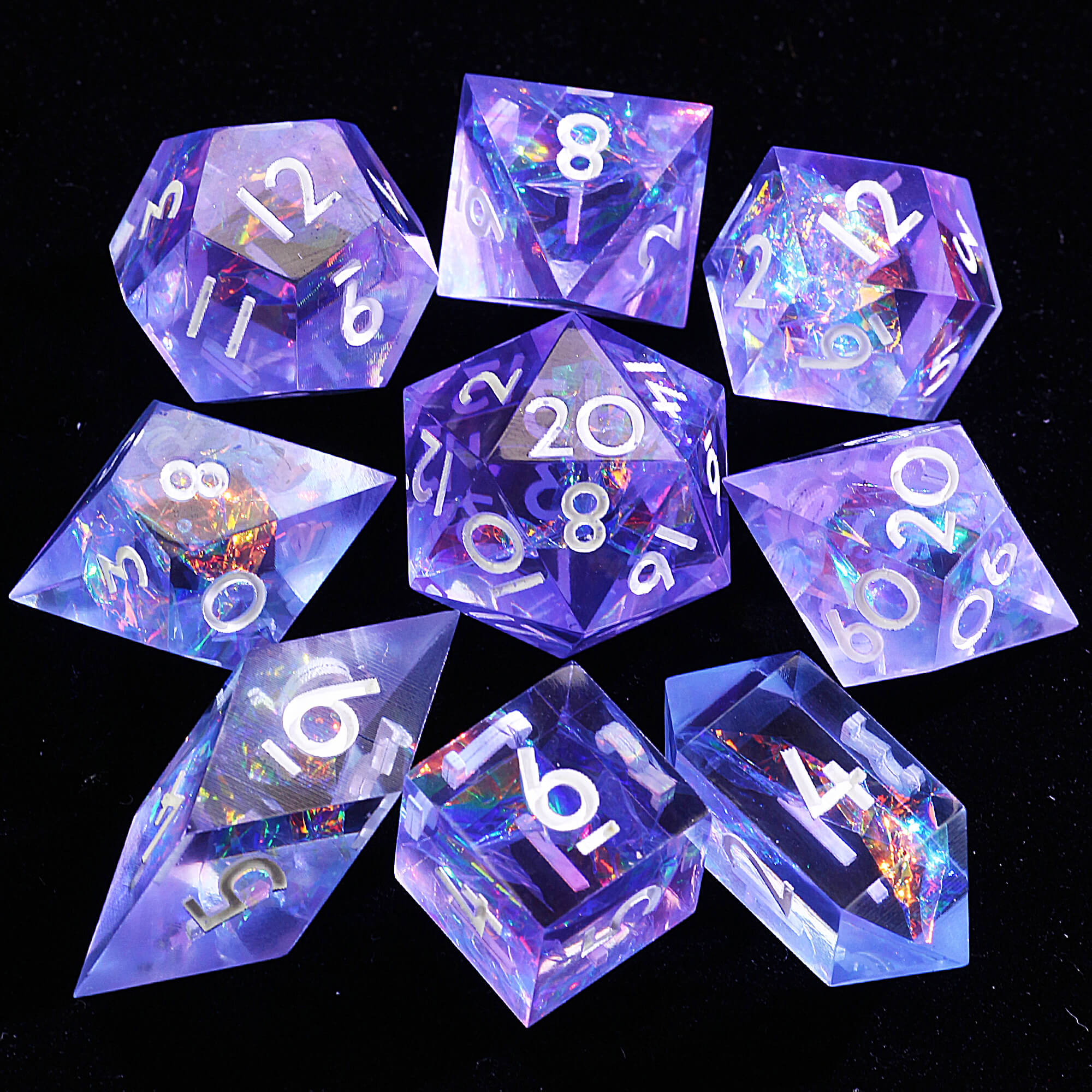 9 Polyhedral Resin Sets of Dice DD Lavender Holograph - Dice of Dragons