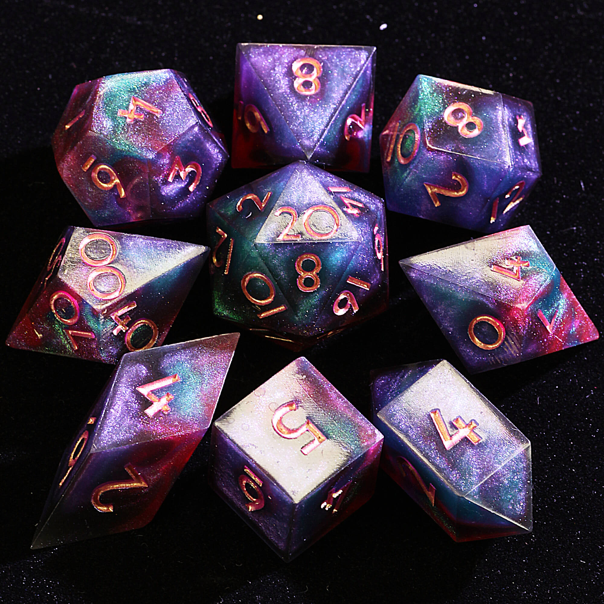 9 Polyhedral Resin Sets of Dice DnD Quintessence Ember - Dice of Dragons