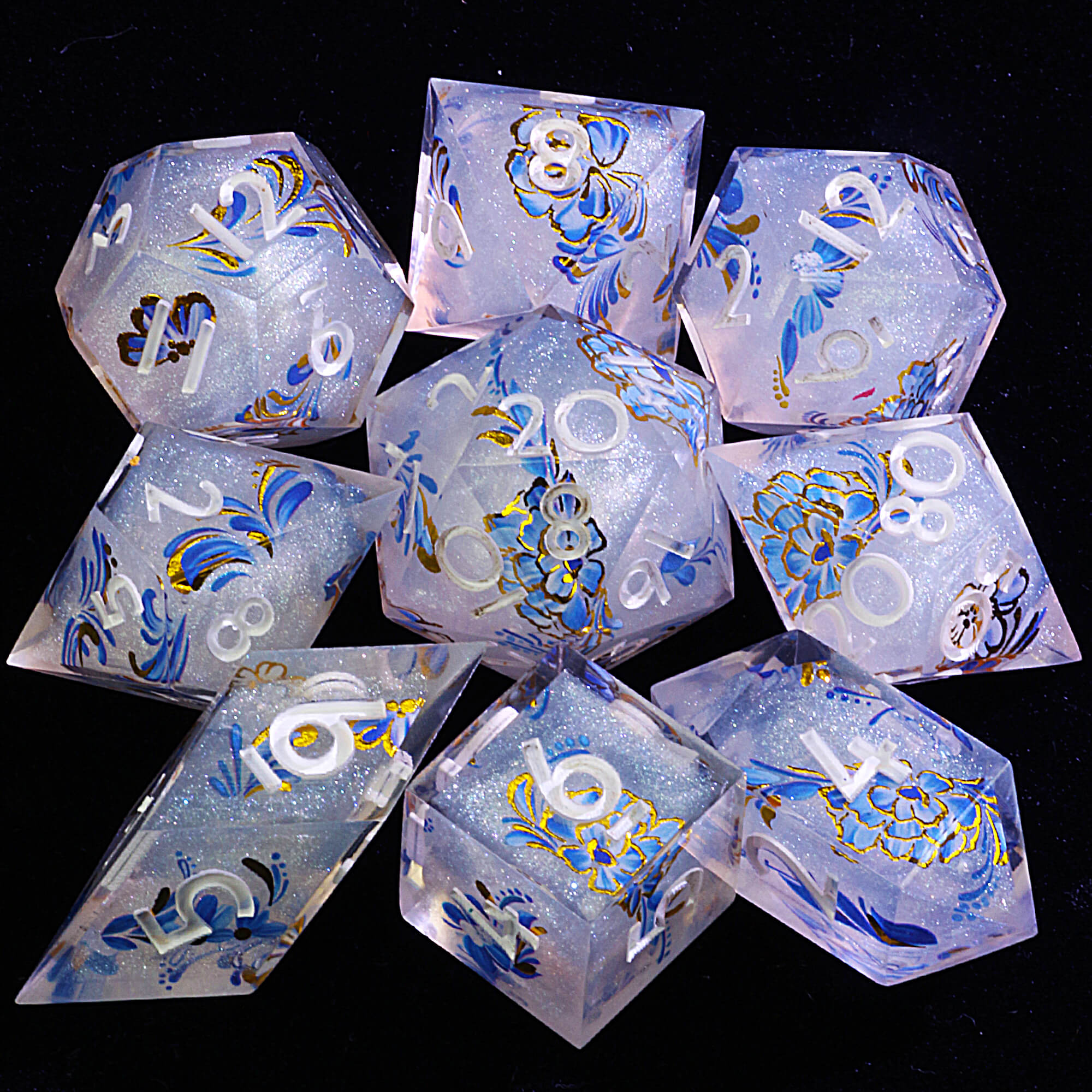 9 Polyhedral Resin Sets of D&D Dice Frost Petal