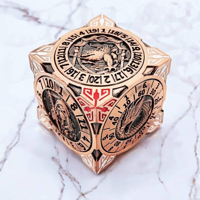 Dragon Cthulhu Skull Crocodile 7 in 1 Cube 6-sided Rotating DND Metal Dice Ancient Red Copper - Dice of Dragons