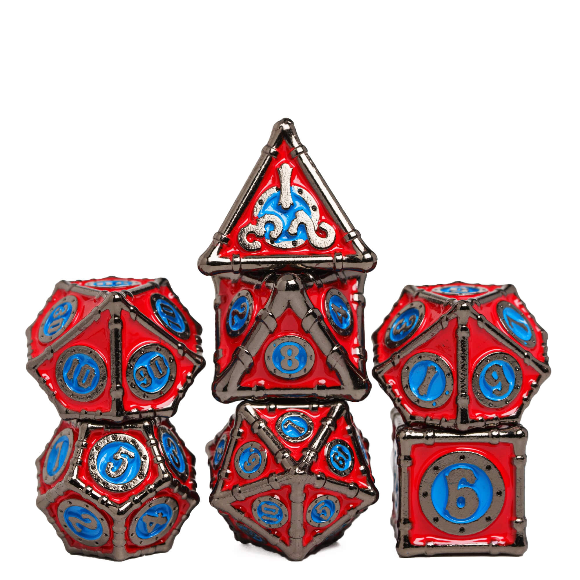 Bamboo Tube 7 Metal Polyhedral Set Dice D&D Red Blue - Dice of Dragons