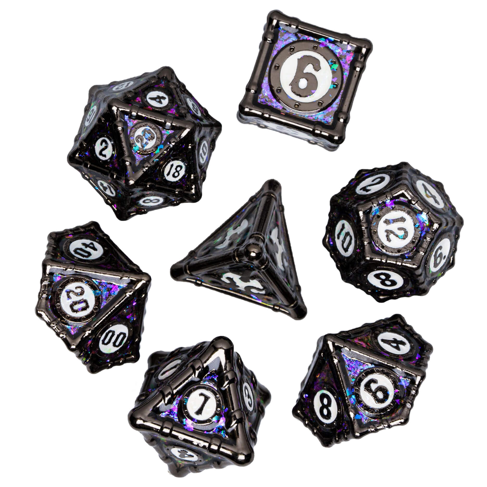 Bamboo Tube 7 Metal Polyhedral Set of Dice DnD Black White - Dice of Dragons