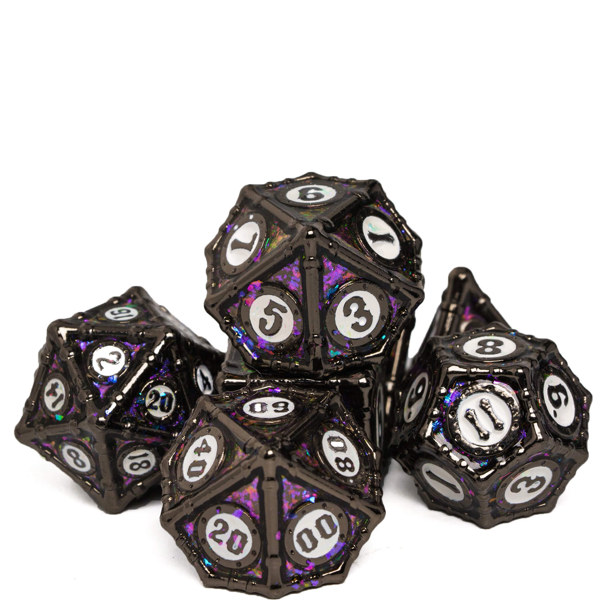 Bamboo Tube 7 Metal Polyhedral Set of Dice DnD Black White - Dice of Dragons