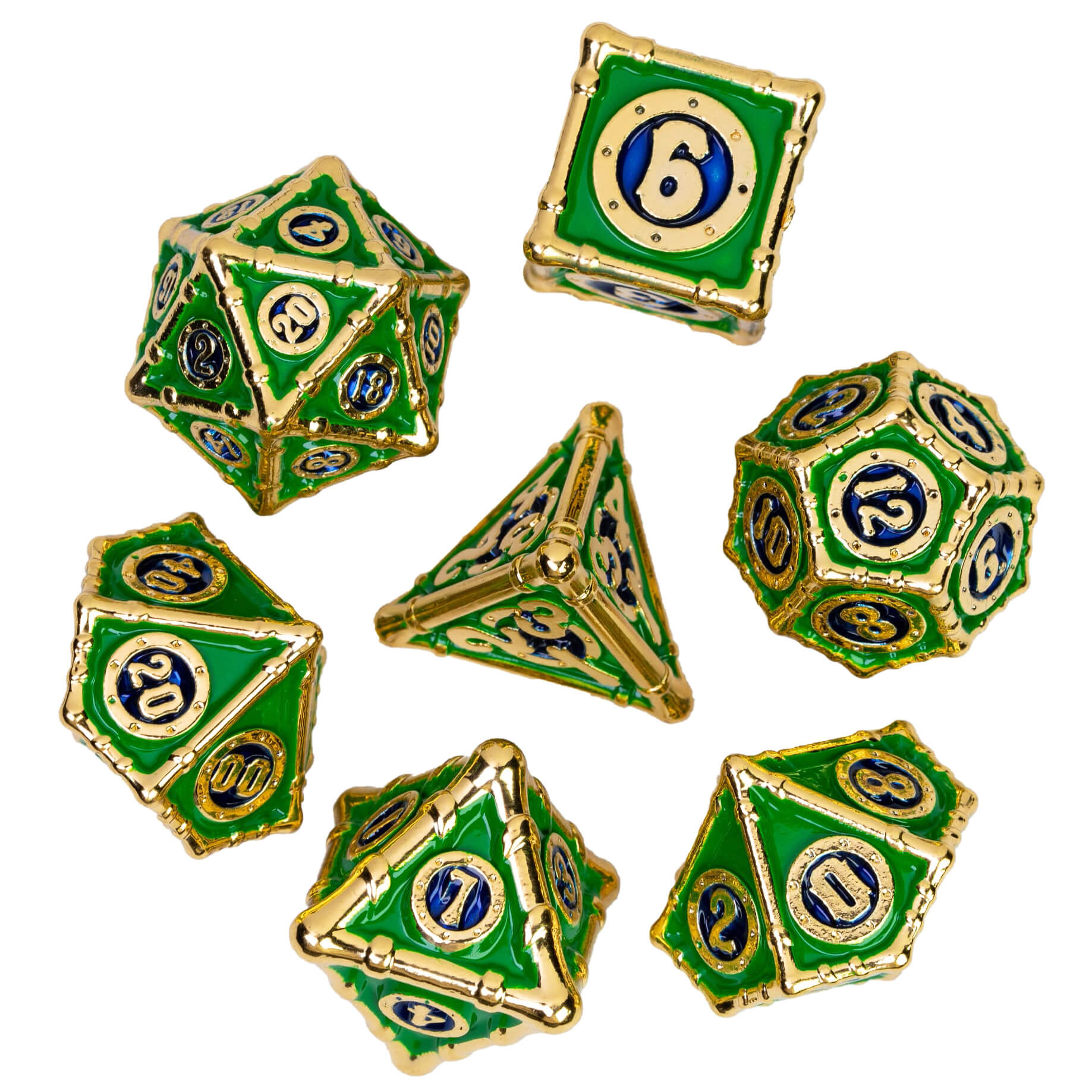 Bamboo Tube 7 Polyhedral Metal DD Dice Set Green Blue - Dice of Dragons