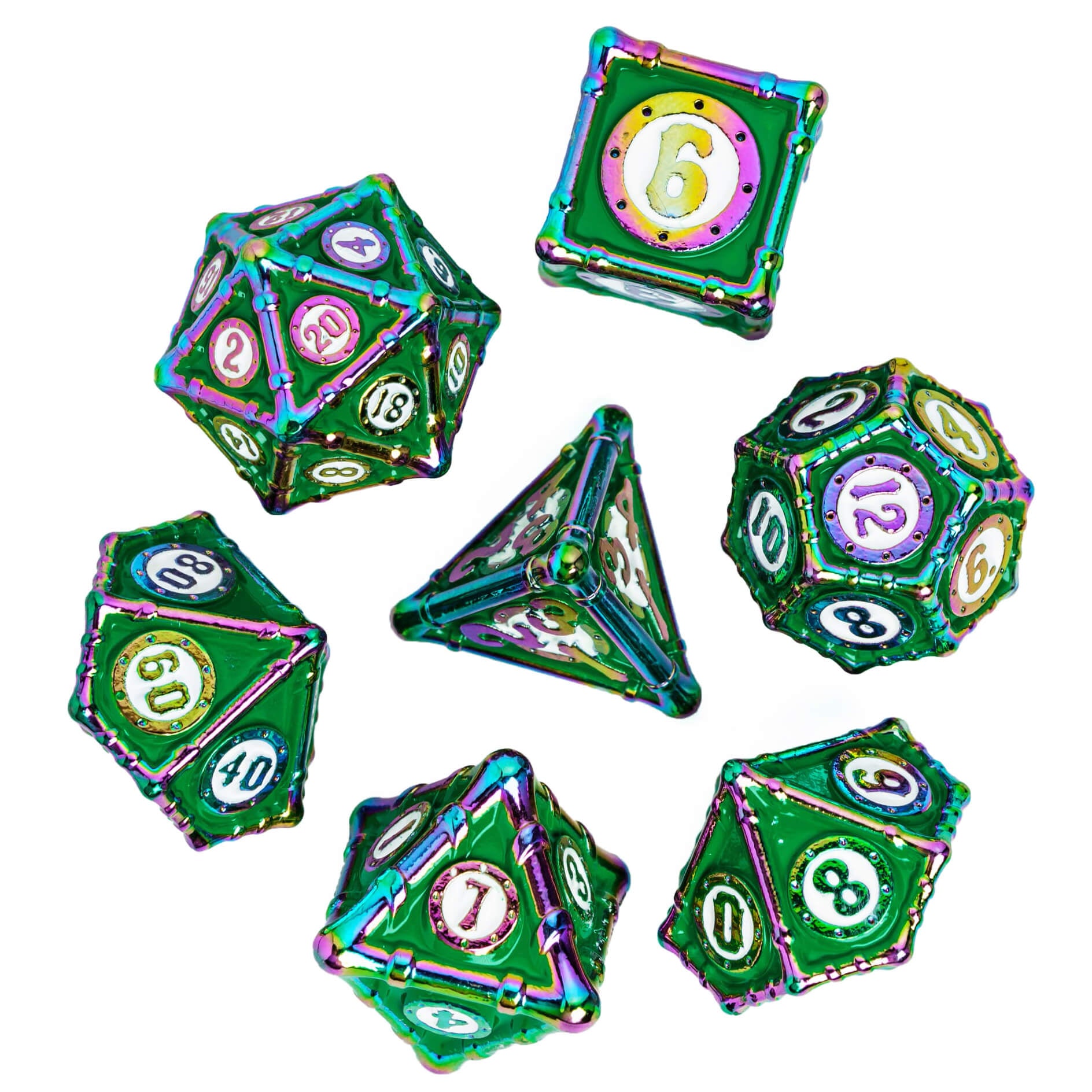 Bamboo Tube 7 Polyhedral Metal Dice Set D And D Green White - Dice of Dragons