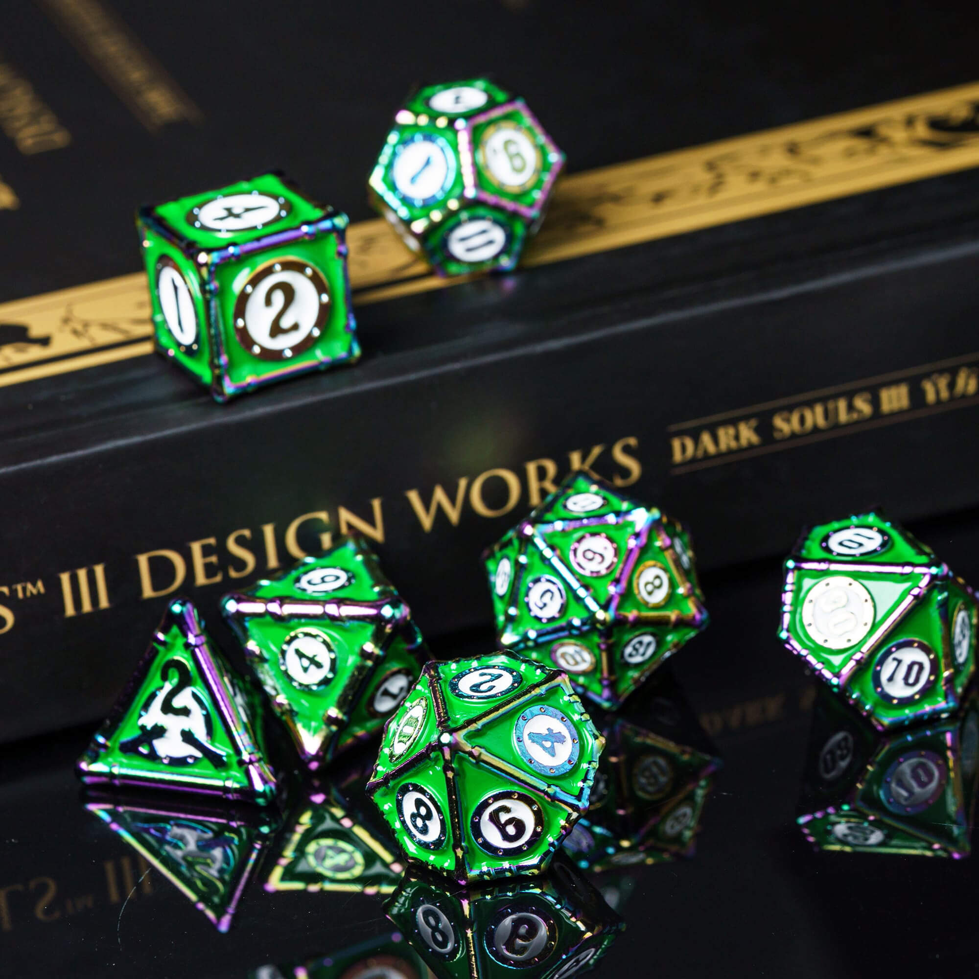 Bamboo Tube 7 Polyhedral Metal Dice Set D And D Green White - Dice of Dragons