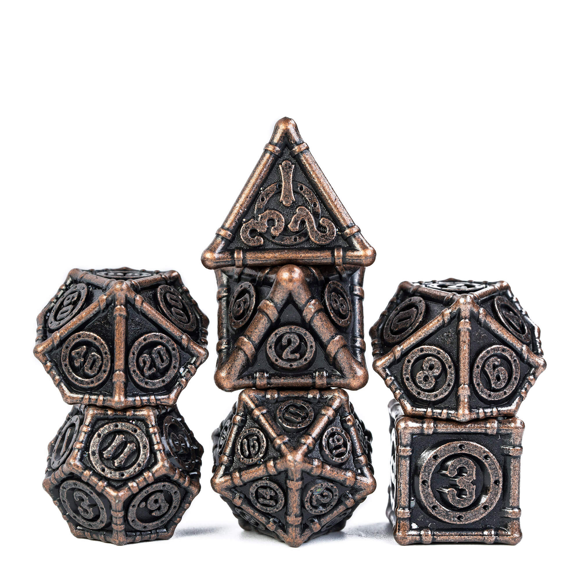 Bamboo Tube 7 Polyhedral Metal Dice Set DnD Red Copper - Dice of Dragons