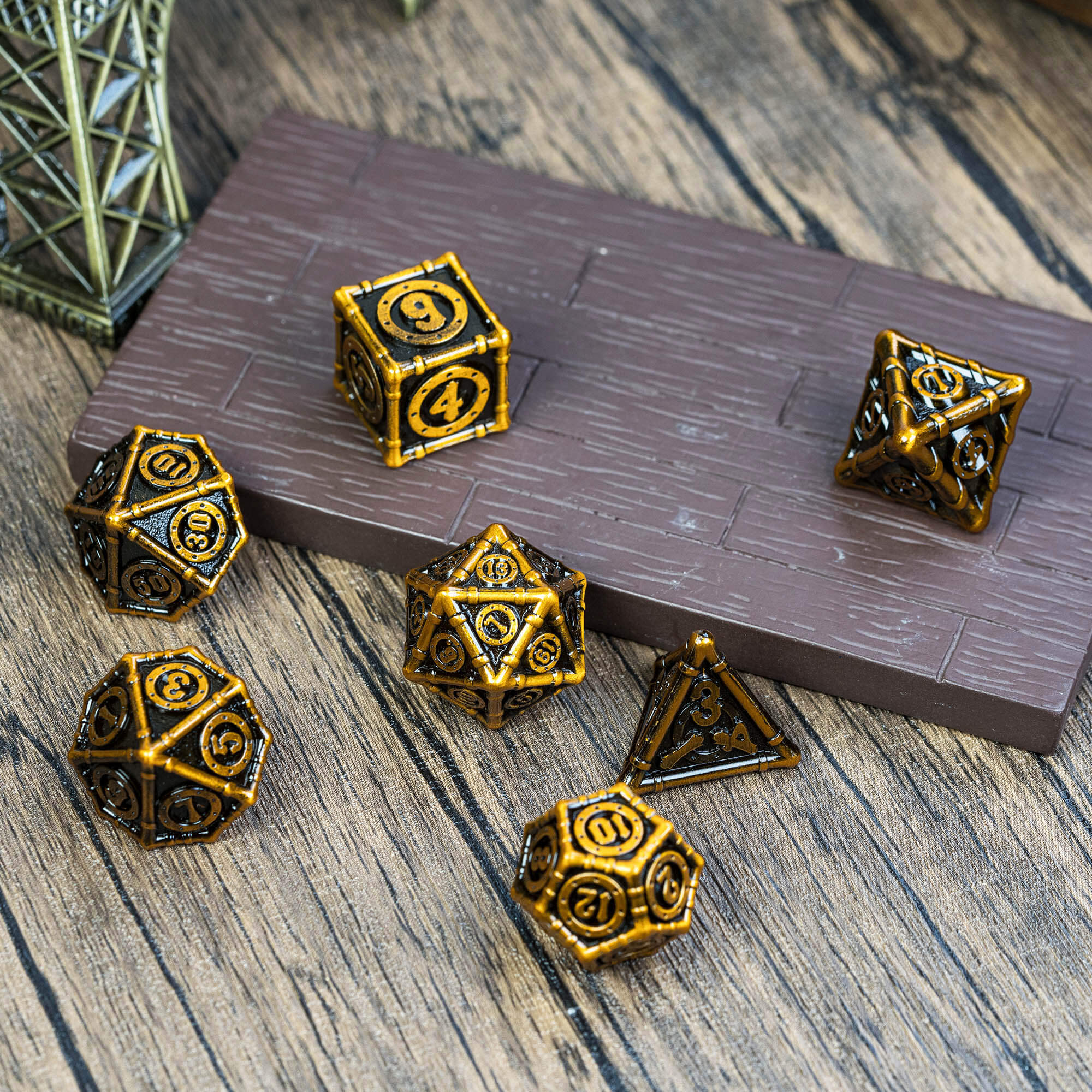 Bamboo Tube 7 Polyhedral Metal Dice Sets D&D Gold - Dice of Dragons