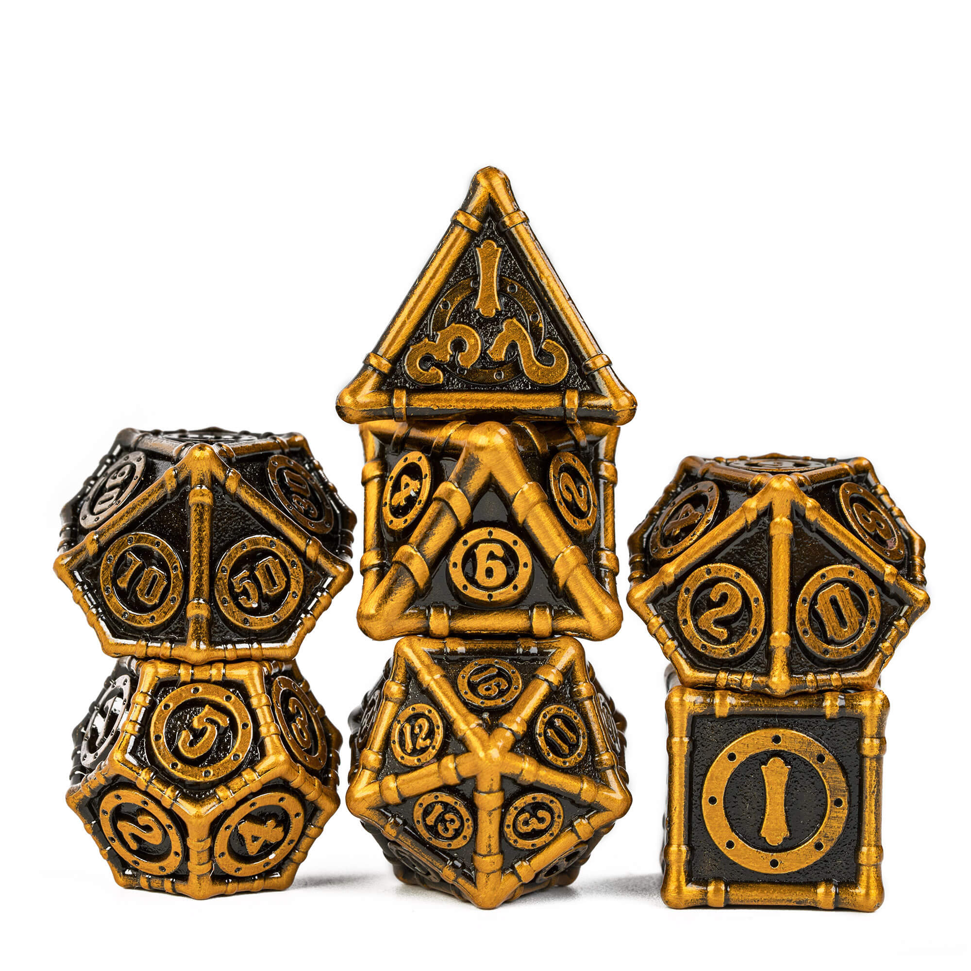 Bamboo Tube 7 Polyhedral Metal Dice Sets D&D Gold - Dice of Dragons