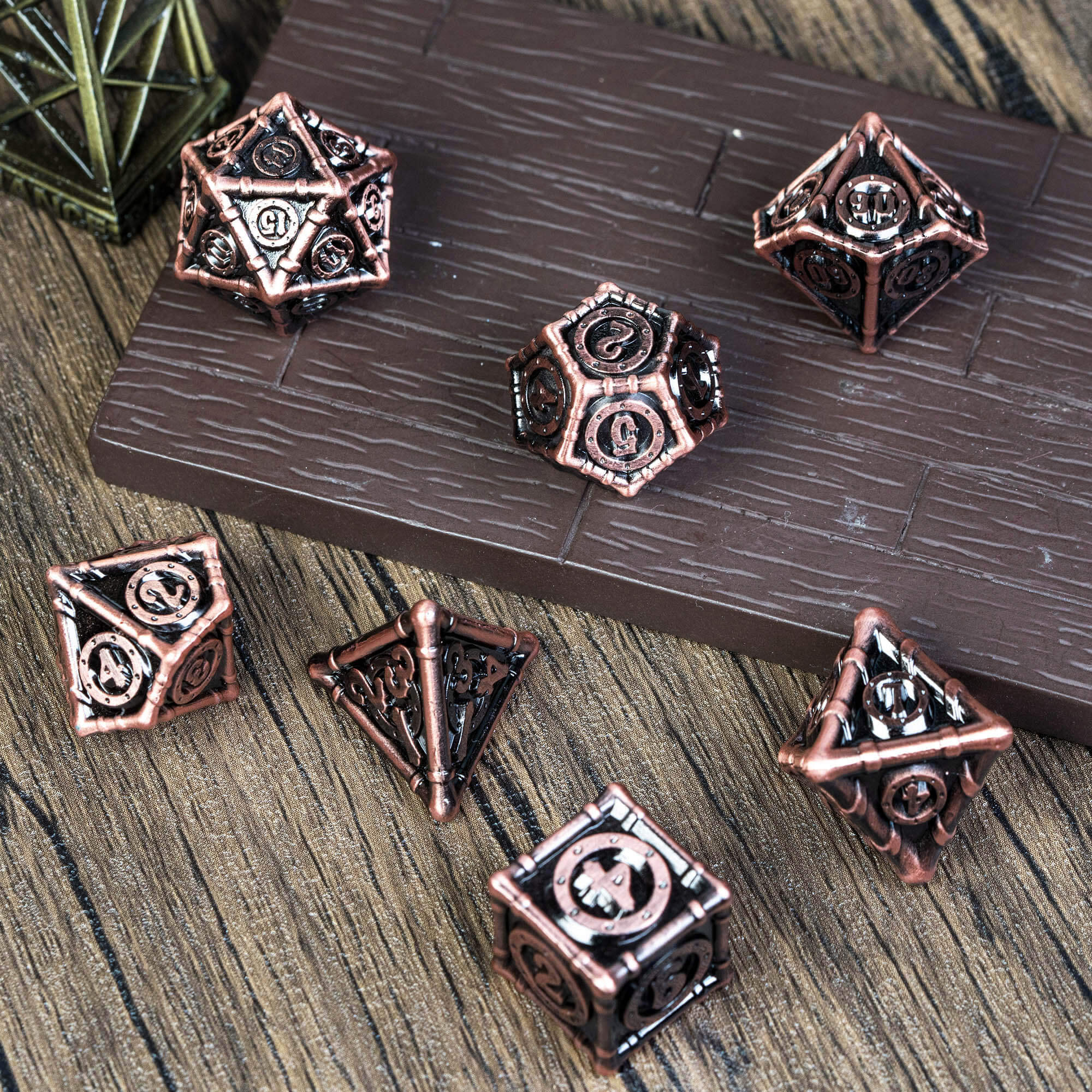 Bamboo Tube 7 Polyhedral Metal DnD Dice Sets Red Copper - Dice of Dragons