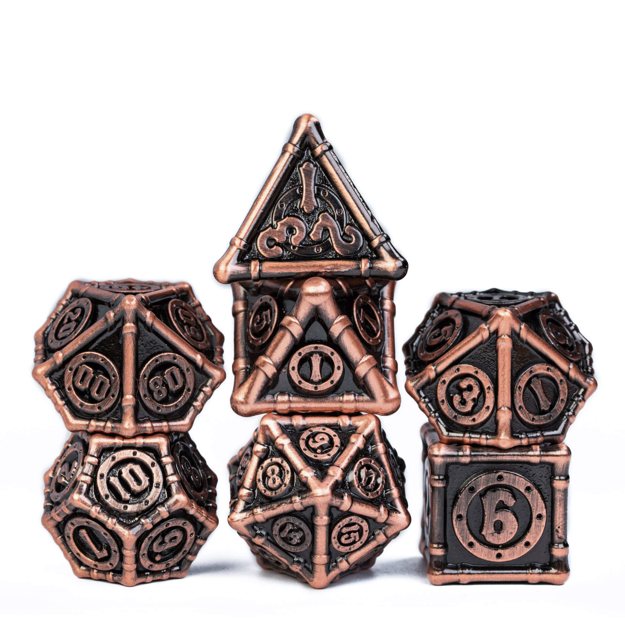 Bamboo Tube 7 Polyhedral Metal DnD Dice Sets Red Copper - Dice of Dragons