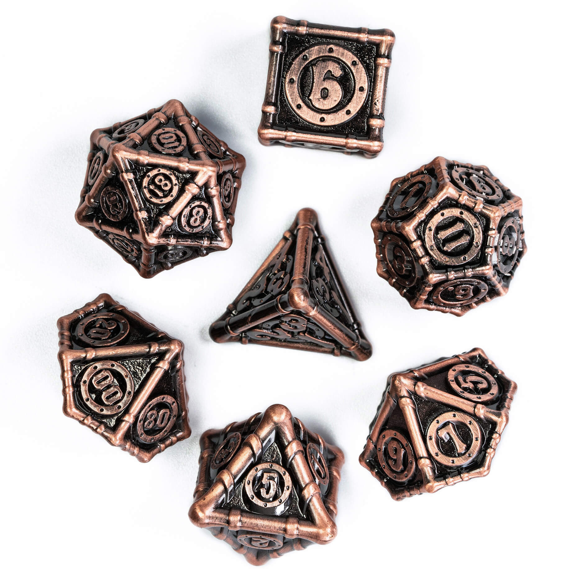 Bamboo Tube 7 Polyhedral Metal DnD Dice Sets Red Copper - Dice of Dragons