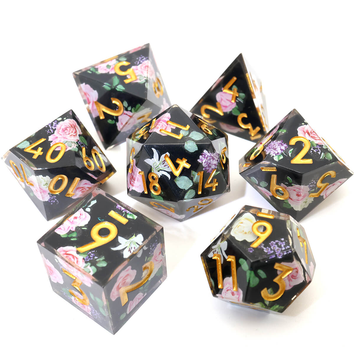 Black Flower 7-Piece Sharp Edge Layered DND Dice Set - Dice of Dragons