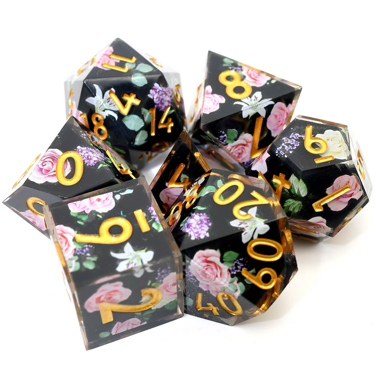 Black Flower 7-Piece Sharp Edge Layered DND Dice Set - Dice of Dragons