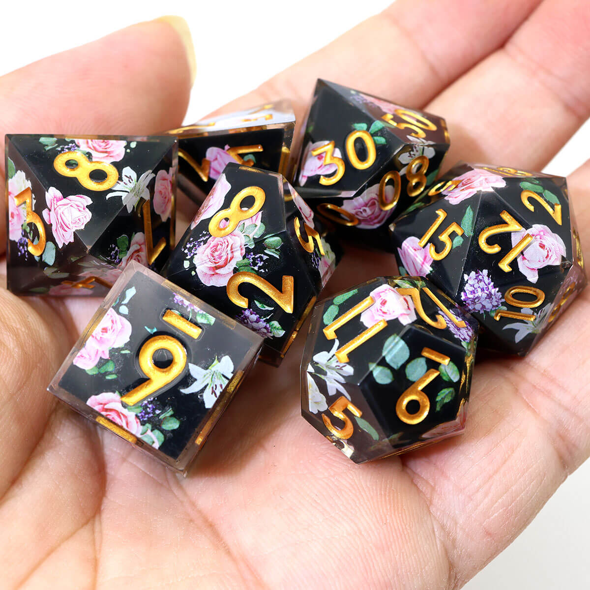 Black Flower 7-Piece Sharp Edge Layered DND Dice Set - Dice of Dragons