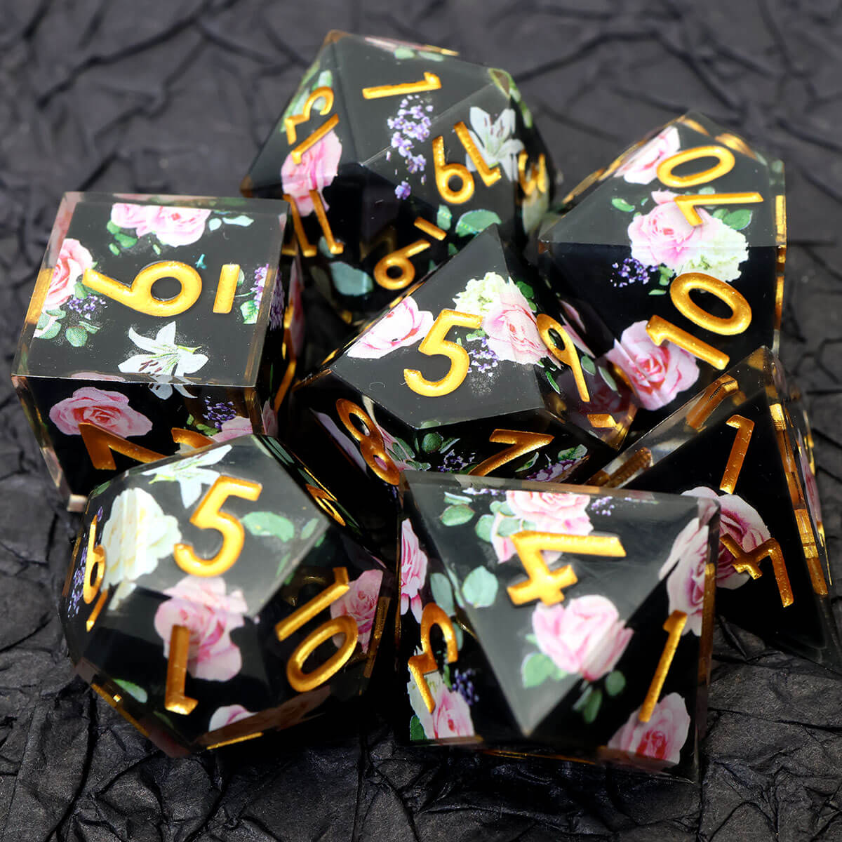 Black Flower 7-Piece Sharp Edge Layered DND Dice Set - Dice of Dragons