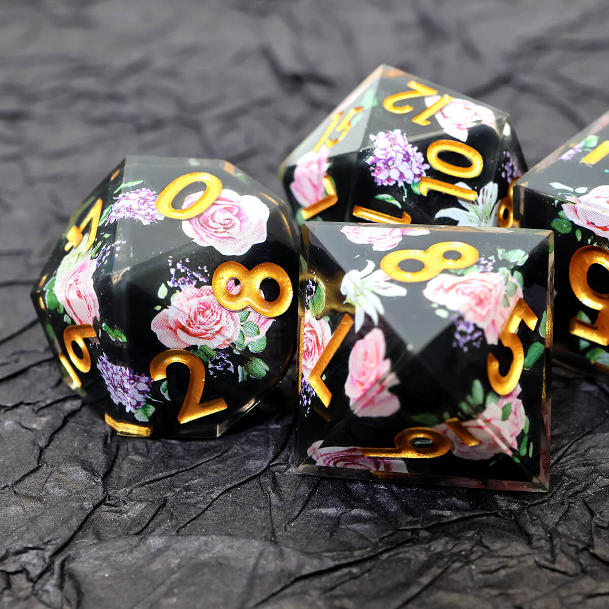 Black Flower 7-Piece Sharp Edge Layered DND Dice Set - Dice of Dragons