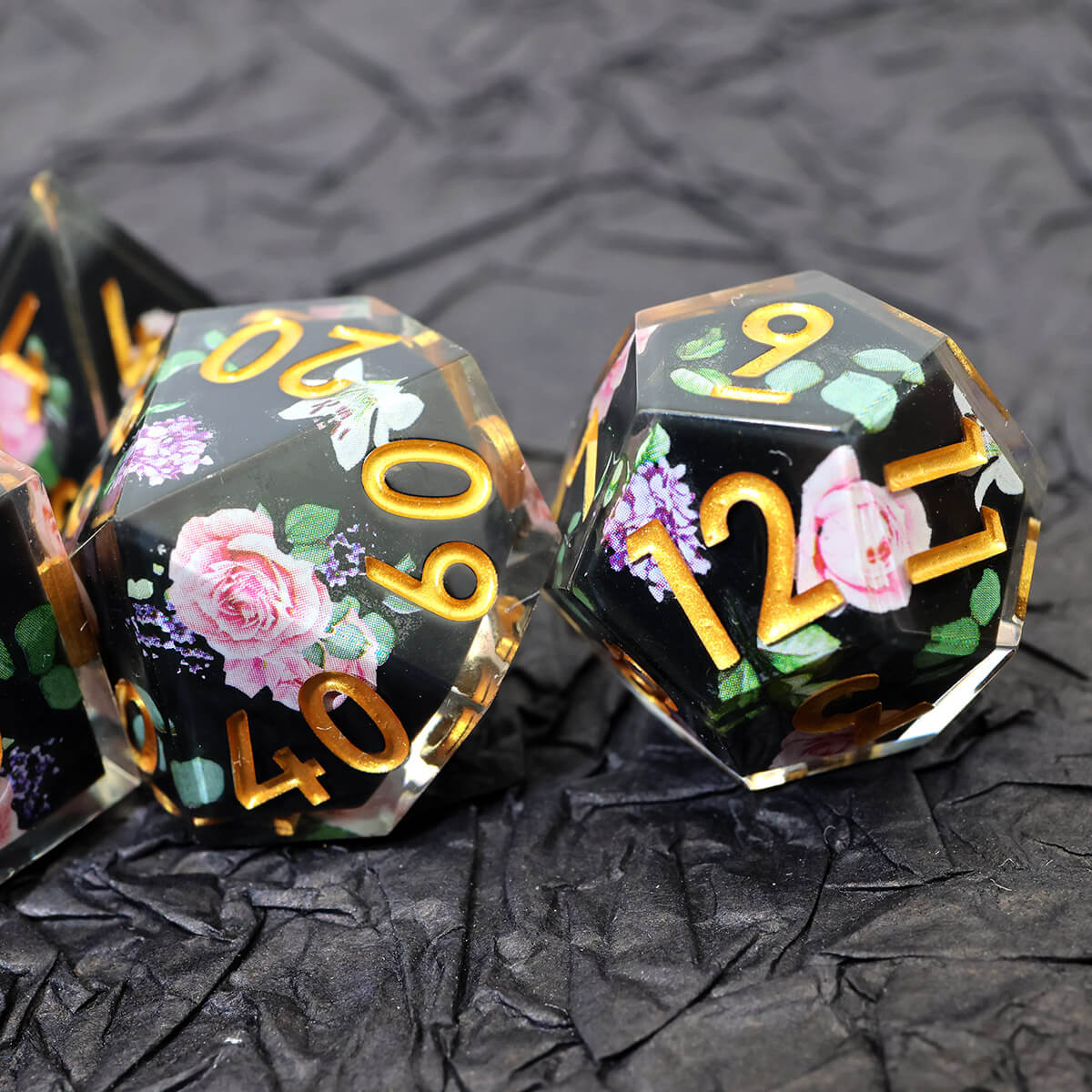 Black Flower 7-Piece Sharp Edge Layered DND Dice Set - Dice of Dragons