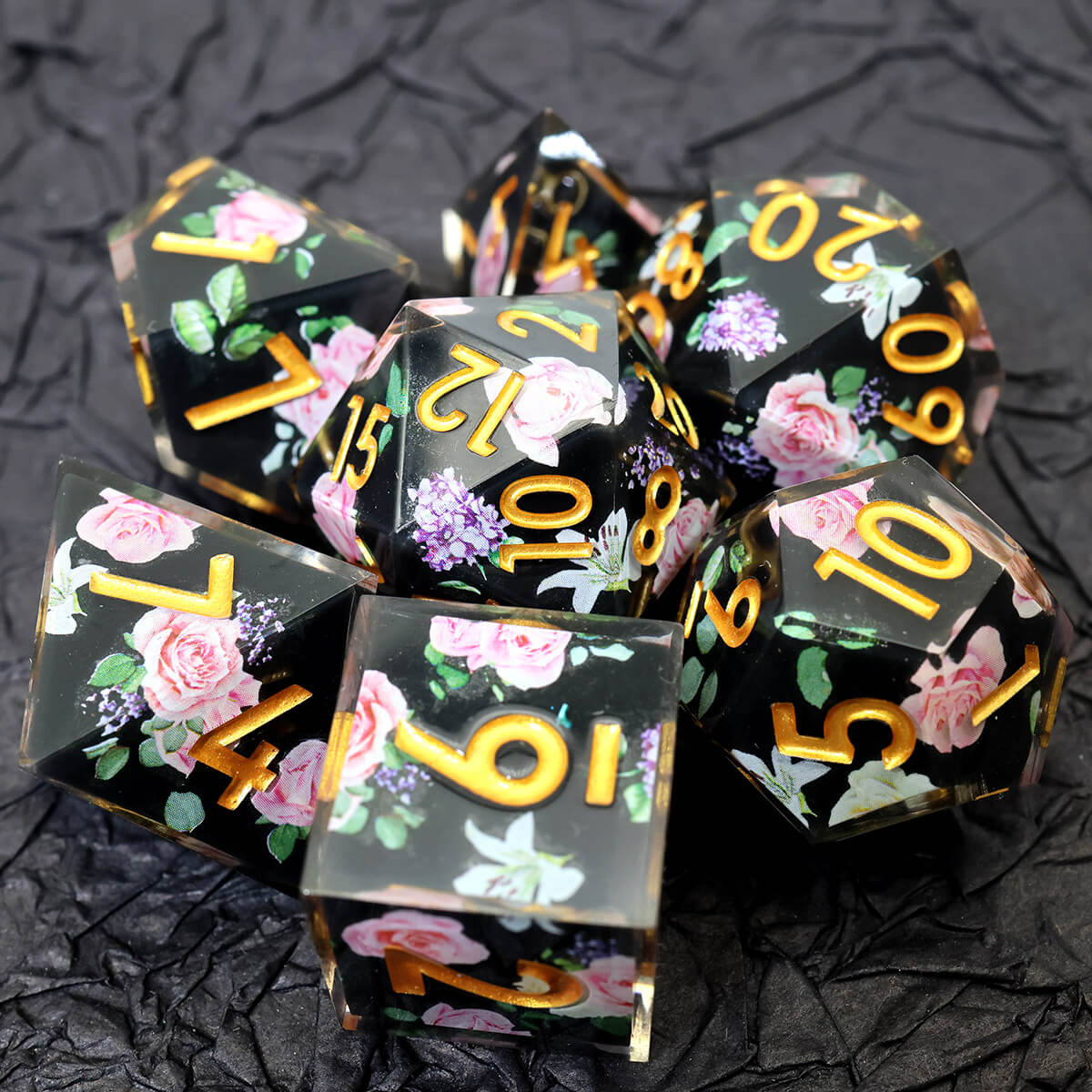 Black Flower 7-Piece Sharp Edge Layered DND Dice Set - Dice of Dragons