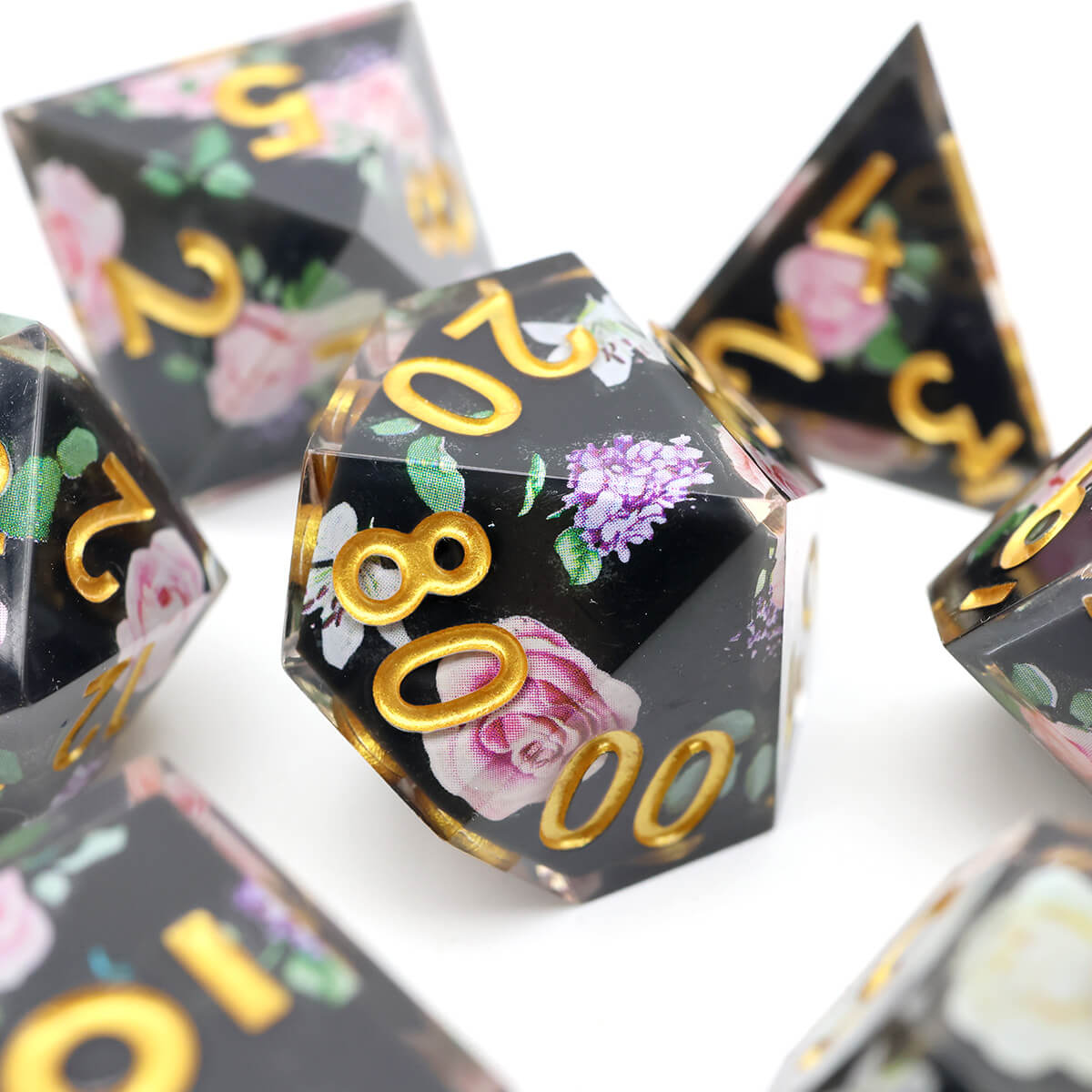 Black Flower 7-Piece Sharp Edge Layered DND Dice Set - Dice of Dragons