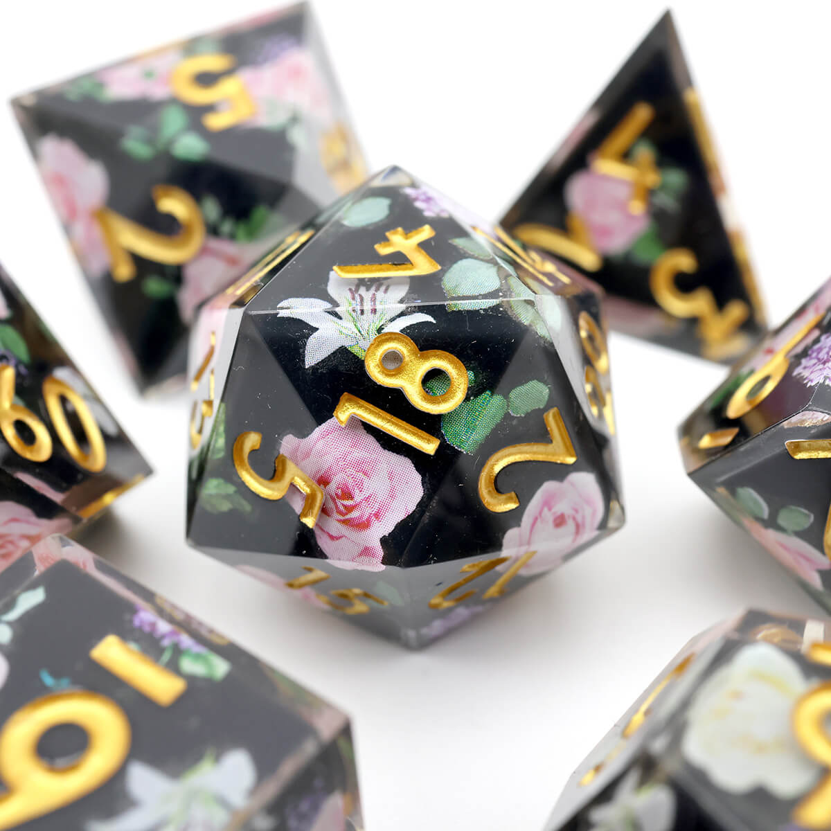 Black Flower 7-Piece Sharp Edge Layered DND Dice Set - Dice of Dragons