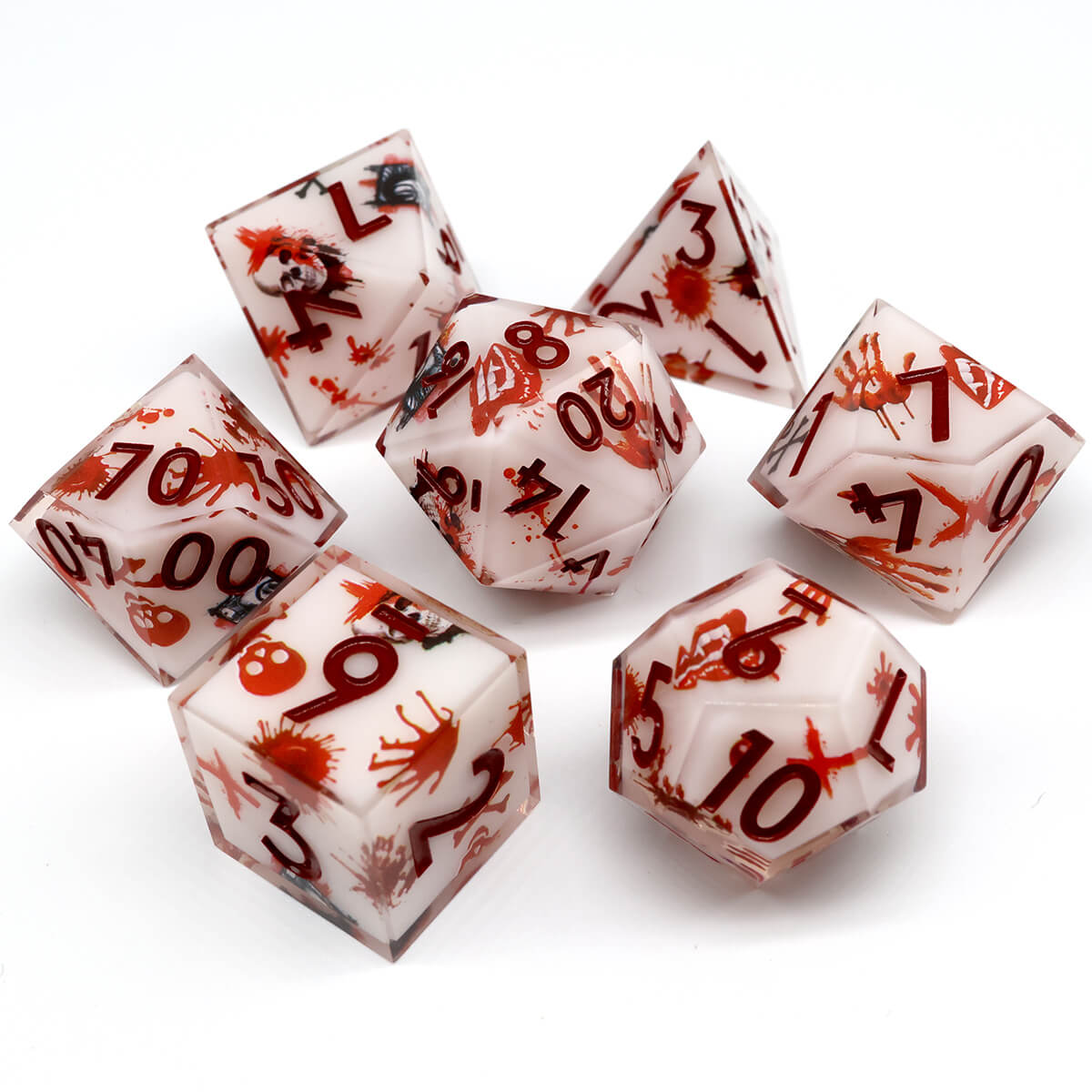 Blood Handprint 7-Piece DND Dice Set Sharp Edge Layered - Dice of Dragons