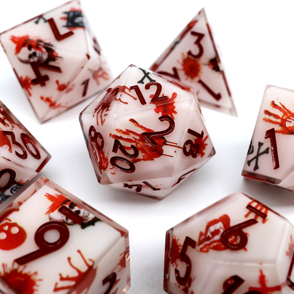 Blood Handprint 7-Piece DND Dice Set Sharp Edge Layered - Dice of Dragons