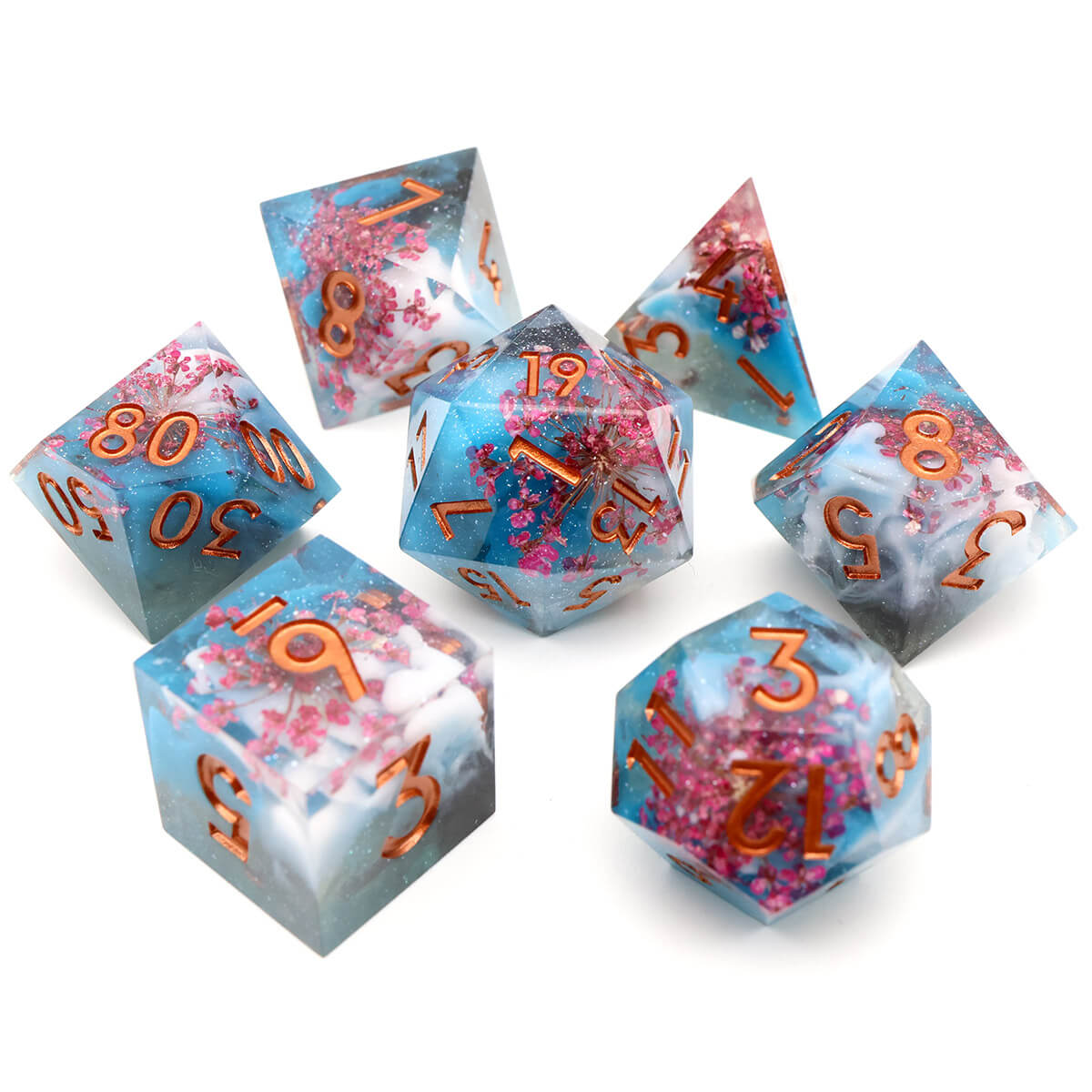 Blooming Flower 7-Piece Sharp Edge DND Dice Set - Dice of Dragons