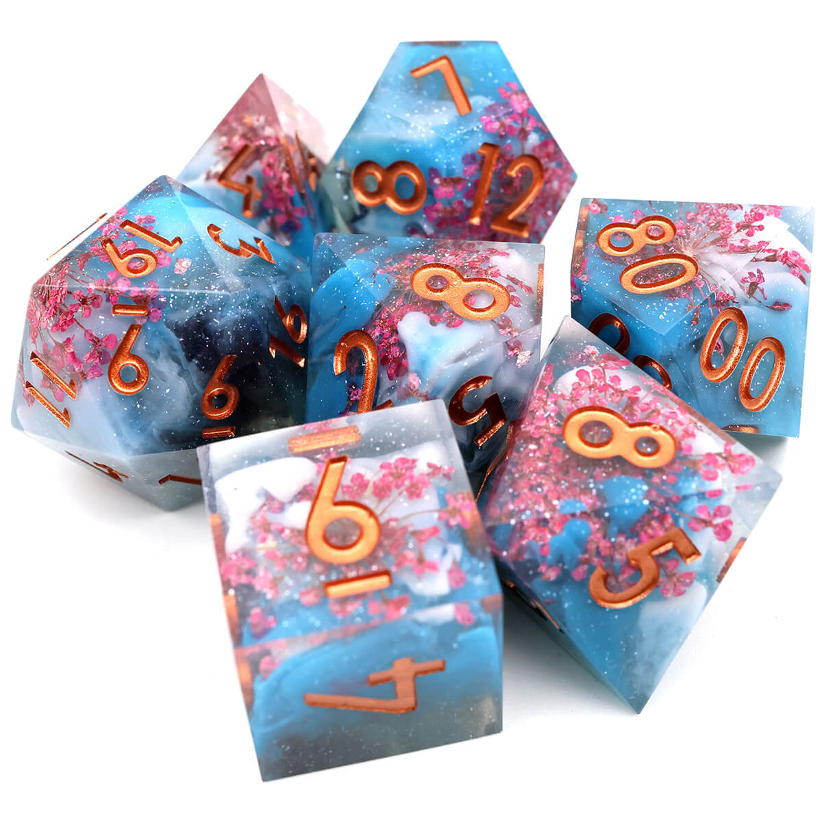 Blooming Flower 7-Piece Sharp Edge DND Dice Set - Dice of Dragons