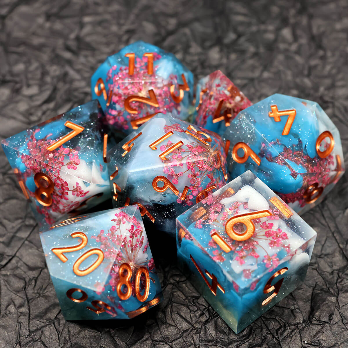 Blooming Flower 7-Piece Sharp Edge DND Dice Set - Dice of Dragons