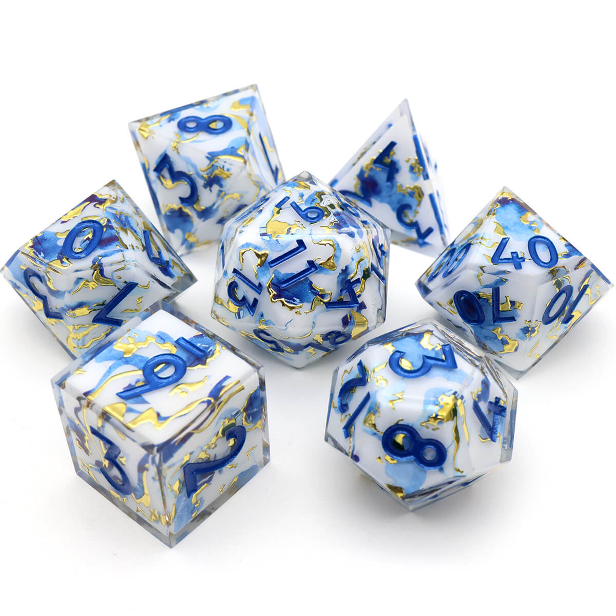 Blue Gold 7-Piece Sharp Edge DND Dice Set - Dice of Dragons