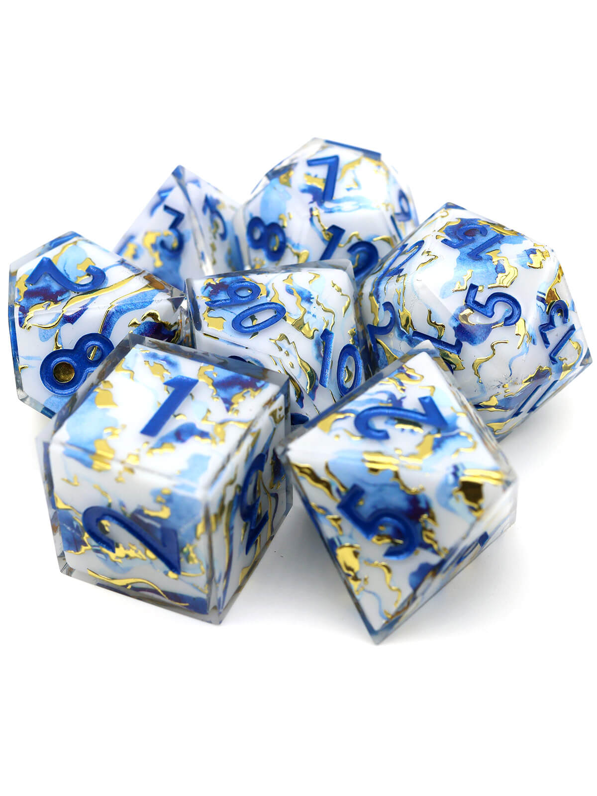 Blue Gold 7-Piece Sharp Edge DND Dice Set - Dice of Dragons