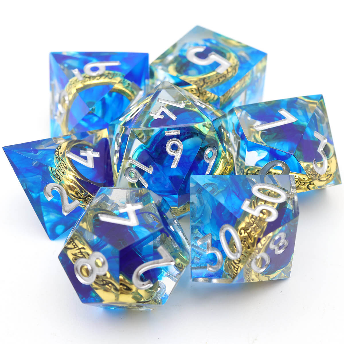 Blue Magic Ring 7-Piece Sharp Edge DND Dice Set - Dice of Dragons