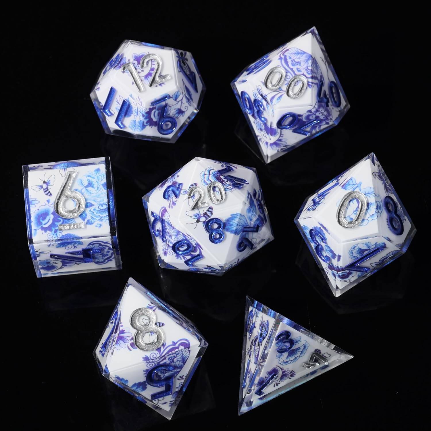 Blue and White Porcelain Sharp Edge Resin Polyhedral 7-Piece D&D Dice Set - Dice of Dragons